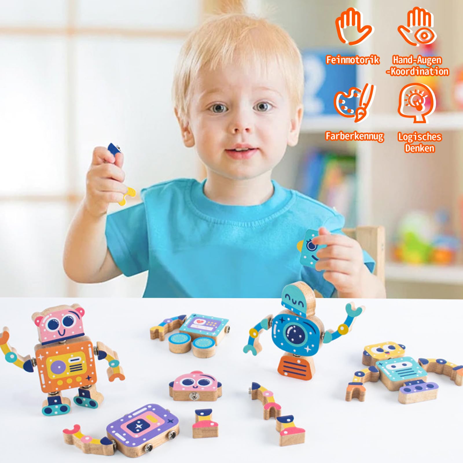 Montessori Roboter-Bausteine Aus Holz – 28 Teile, Flexibel Für Kinder 2-8 Jahre