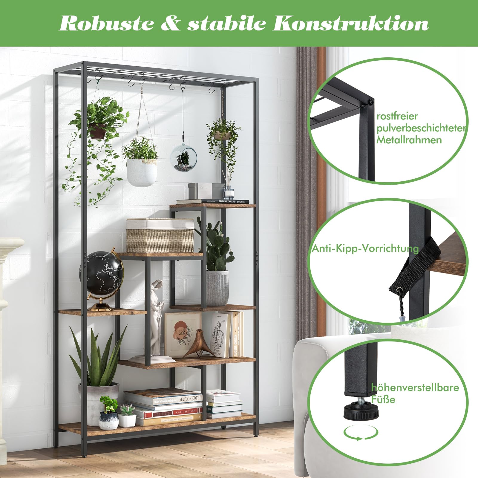 GOPLUS 6 Etagen Pflanzenständer, Pflanzenregal mit Hängeregal & 10 S-Haken, Blumenregal Blumenständer Blumentreppe für Wohnzimmer & Balkon, 100 x 30 x 180 cm (Rustikales Braun)