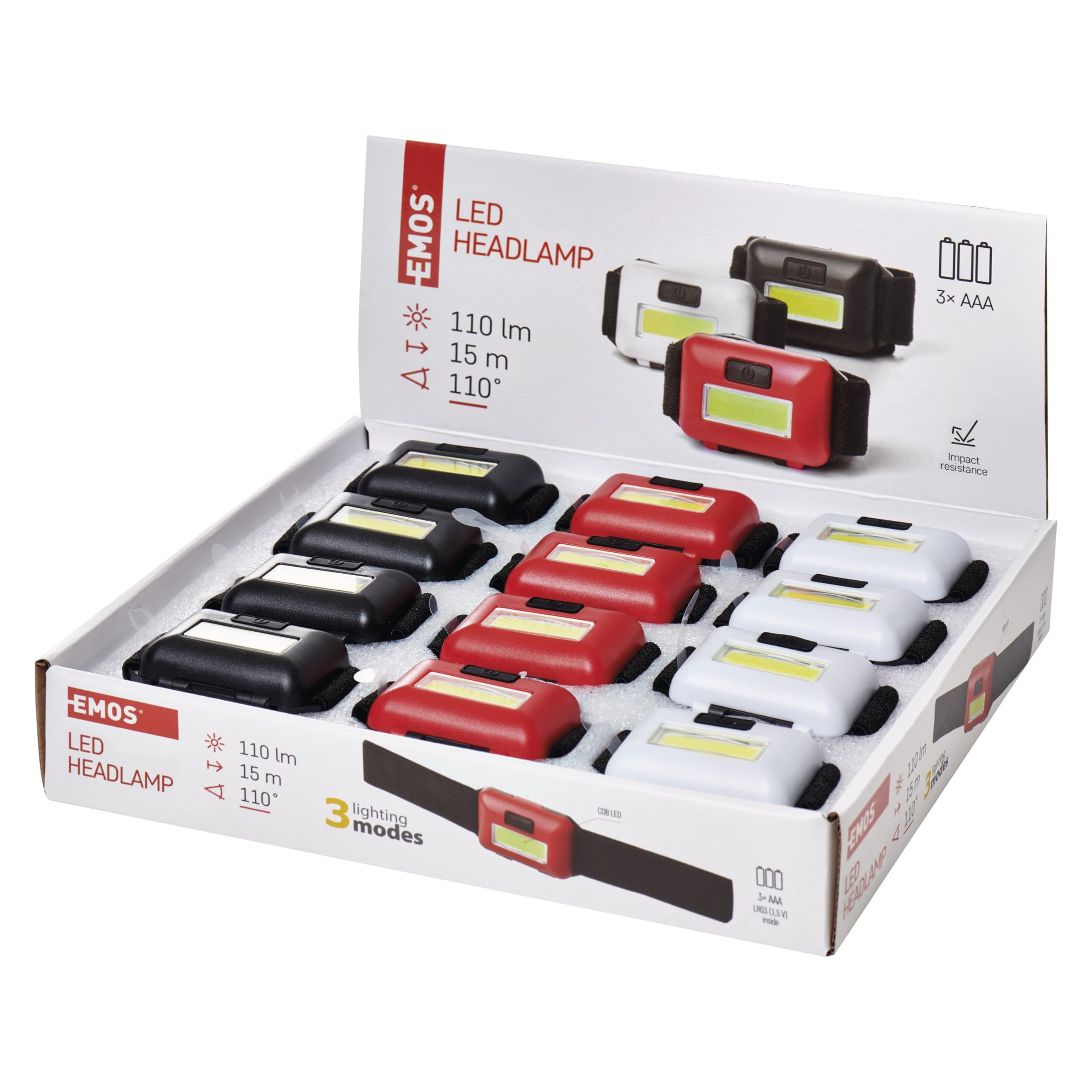EMOS Mini LED-Stirnlampe 12 Stück Familien-Multipack, ideal für Kinder, 40 St. Leuchtdauer, COB LED Kopflampe mit Helligkeit 110lm, 15m Leuchtweite und 3 Lichtmodi, batteriebetrieben