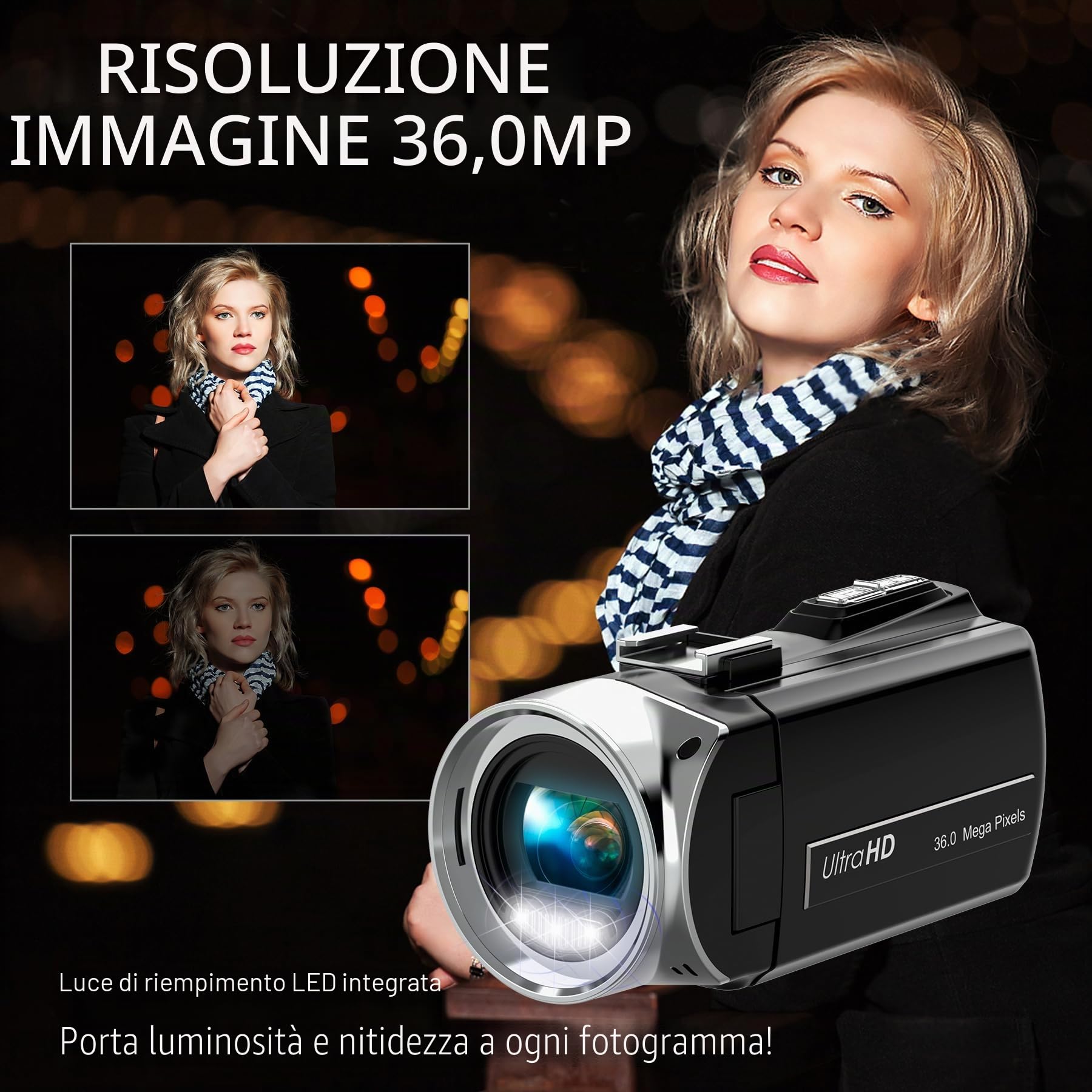 Videocamera, 4K, 36 MP, per fotocamera digitale YouTube 30 FPS, schermo IPS girevole a 270°, con zoom digitale 18x, treppiede, 32G SD & batterie
