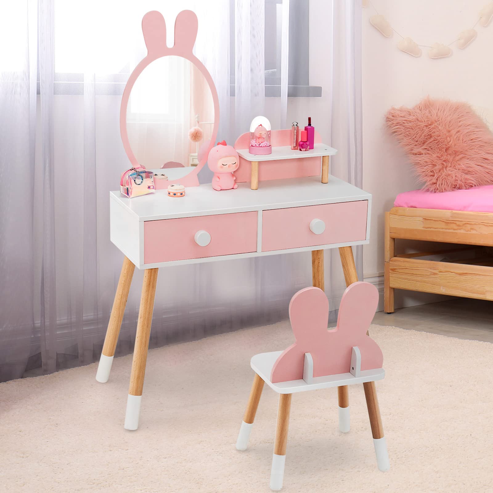 LIFEZEAL Specchiera Trucco Bambina con Sedia e Specchio Rimovibile a Forma di Coniglio, Toeletta per Bambina 3-7 Anni, Toilette con Cassetti in Legno (Rosso)