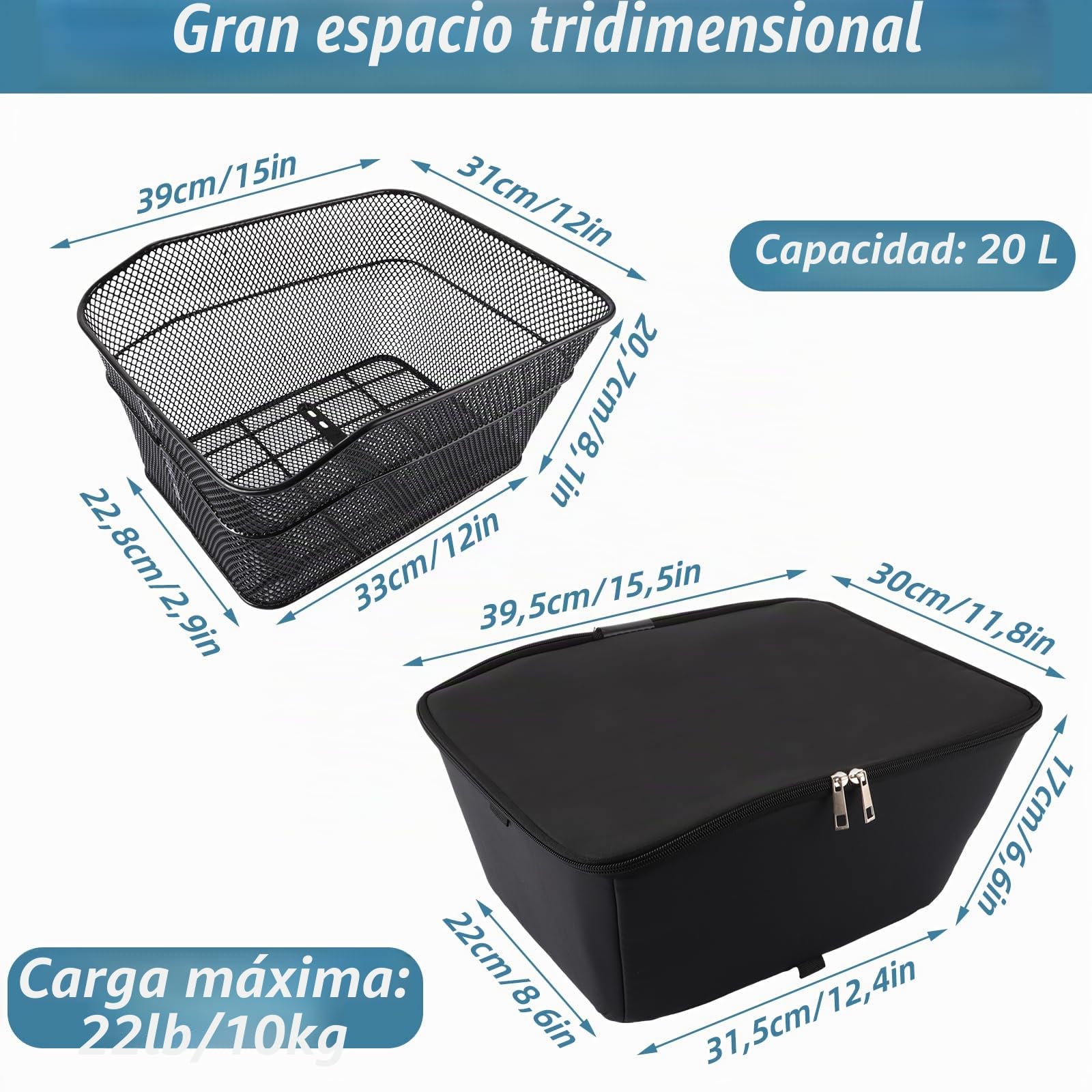 Cesta Trasera para Bicicleta, Cesta para Bicicleta de 40x30x20 cm, Cesta Trasera Grande para Bicicleta, Cesta para portaequipajes de Metal, Cesta para portaequipajes Negra con Forro para Cesta