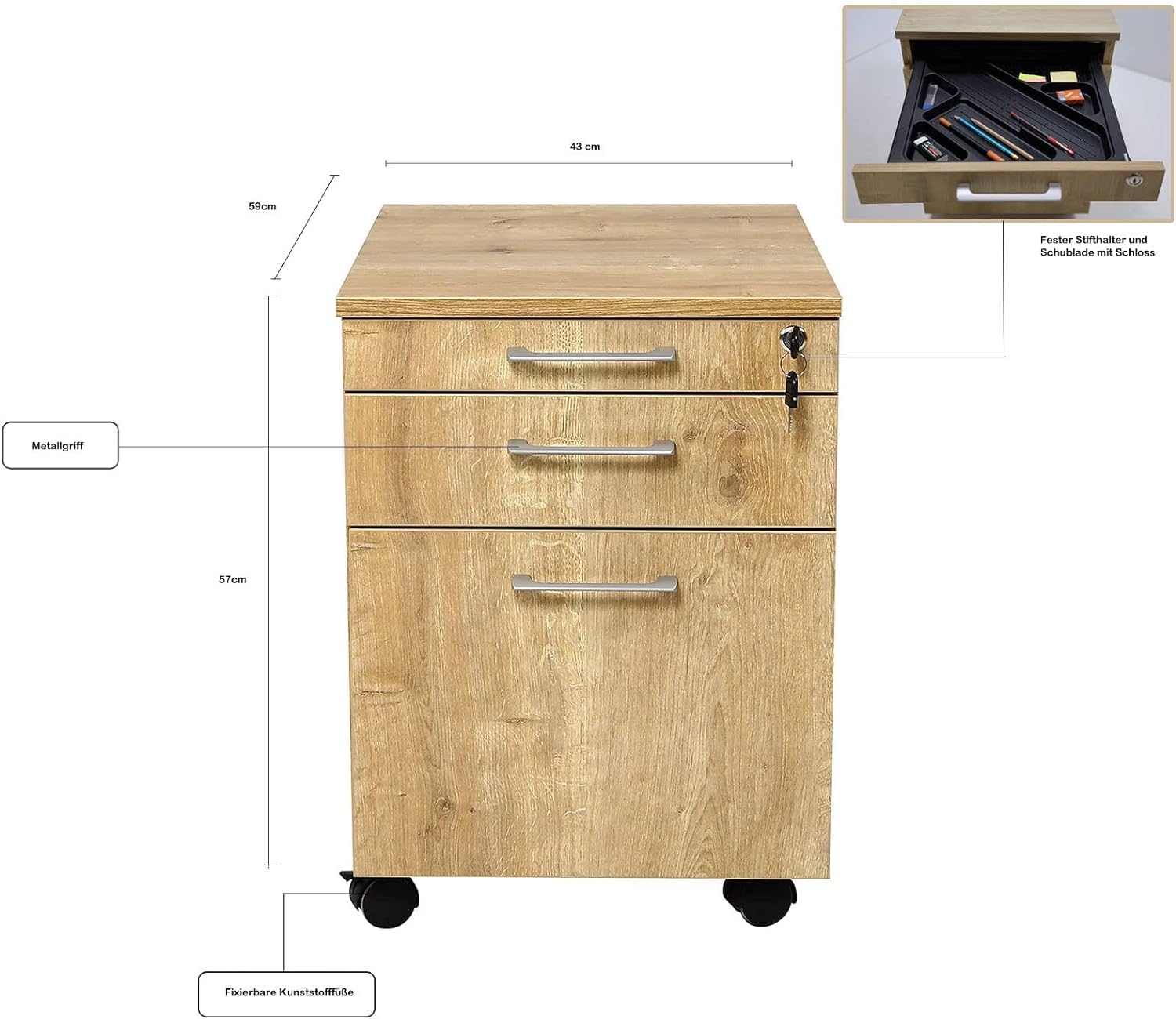 furni24 Rollcontainer, abschließbarer Aktenschrank mit Schubladen, Büroschrank mit Rollen, für Akten und Dokumente, fürs Büro, Schreibtischcontainer Holz, 3 Schübe Eiche, 43x59x57h