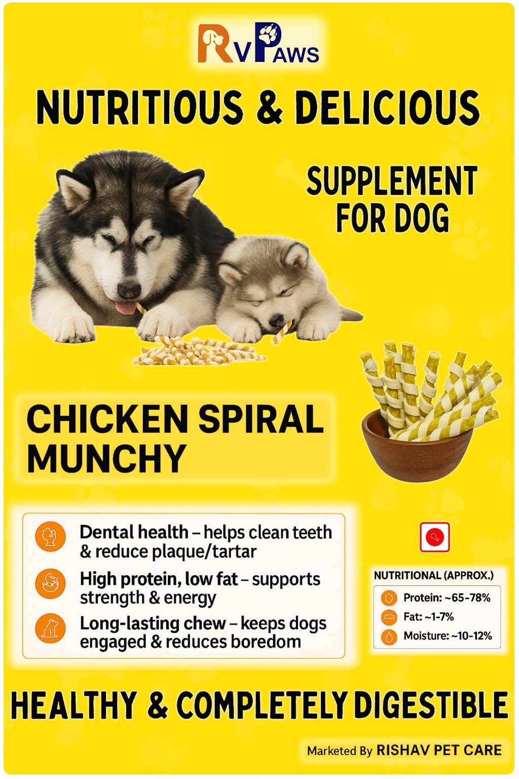 RvPaws Spiral Munchy Rawhide Chicken Flavour Chew Stix for Dogs and Puppies, 2 kg Pack 2