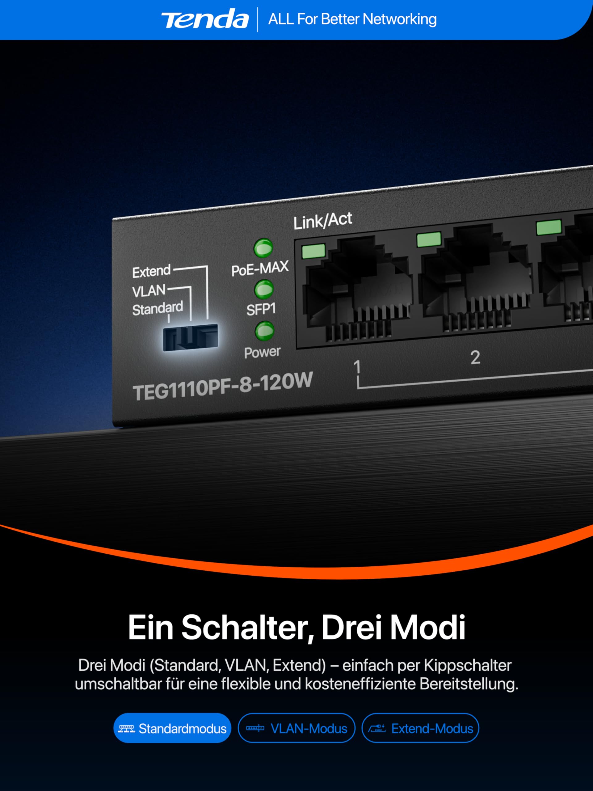 Tenda PoE Switch 10 Port Gigabit LAN Switch mit 8 PoE+ Ports, Uplink- & SFP-Ports (110W Gesamtleistung, VLAN, Bis zu 250m PoE-Reichweite, IEEE 802.3af/at, Lüfterlos, Unmanaged, Metallgehäuse)