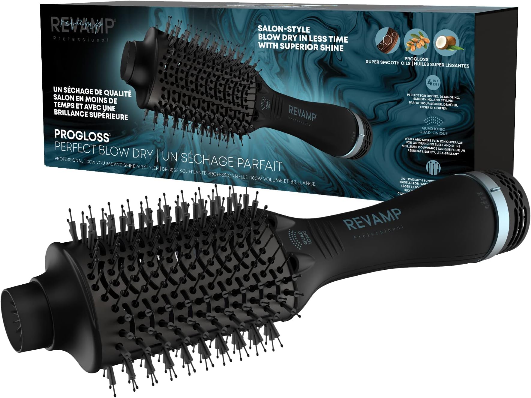 Revamp Progloss Perfect Blow Dry Volume Styler - Ceramic Barrel Hair Dryer Brush for Wet or Dry Styling, Infused with Progloss Oils for Frizz-Free Shine - Auto-Off & 9' Swivel Cord