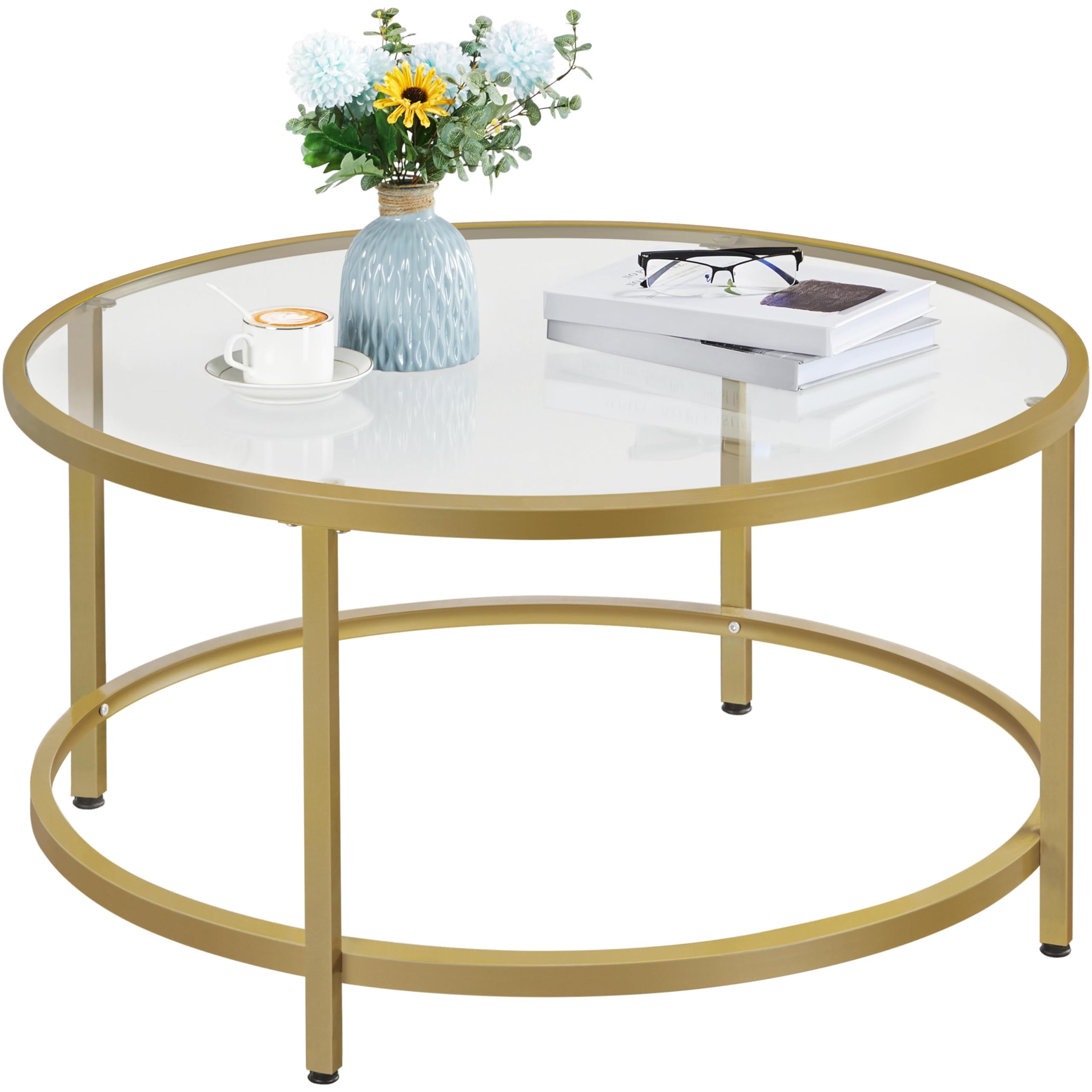 Yaheetech Gold Glass Coffee Table for Living Room, 36" Round Glass Coffee Table with Metal Frame, Circle Coffee Table for Home, Office, Apartment