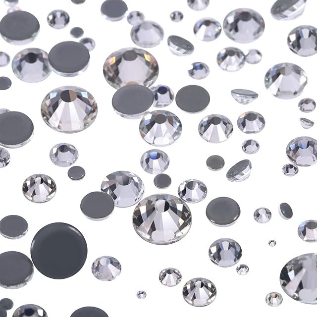 1000 Pieces Mixed Size Hot Fix Round Crystals Gems Glass Stones Hotfix Flat Back Rhinestones 1.5 - 6 MM (Clear Color)
