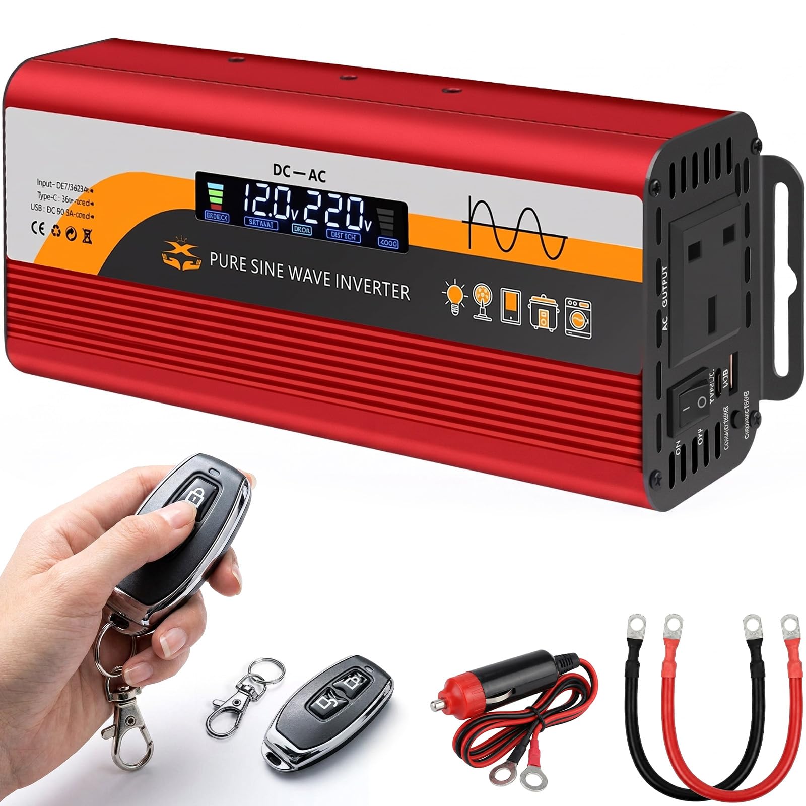 Inversor de onda pura 12V/24V a 240V 2000W con puertos USB y C 7