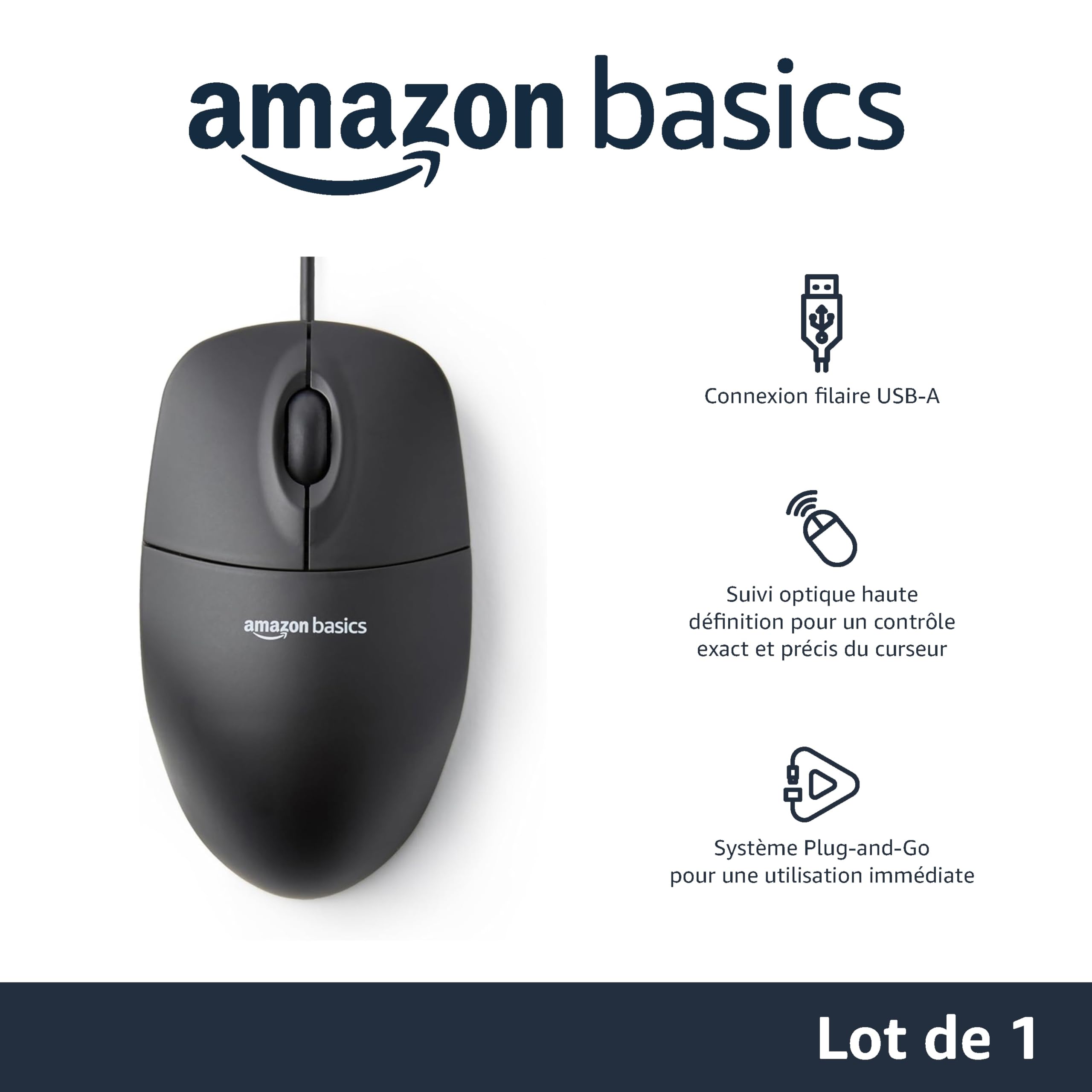 Amazon Basics Souris Optique USB 3 Boutons Noir