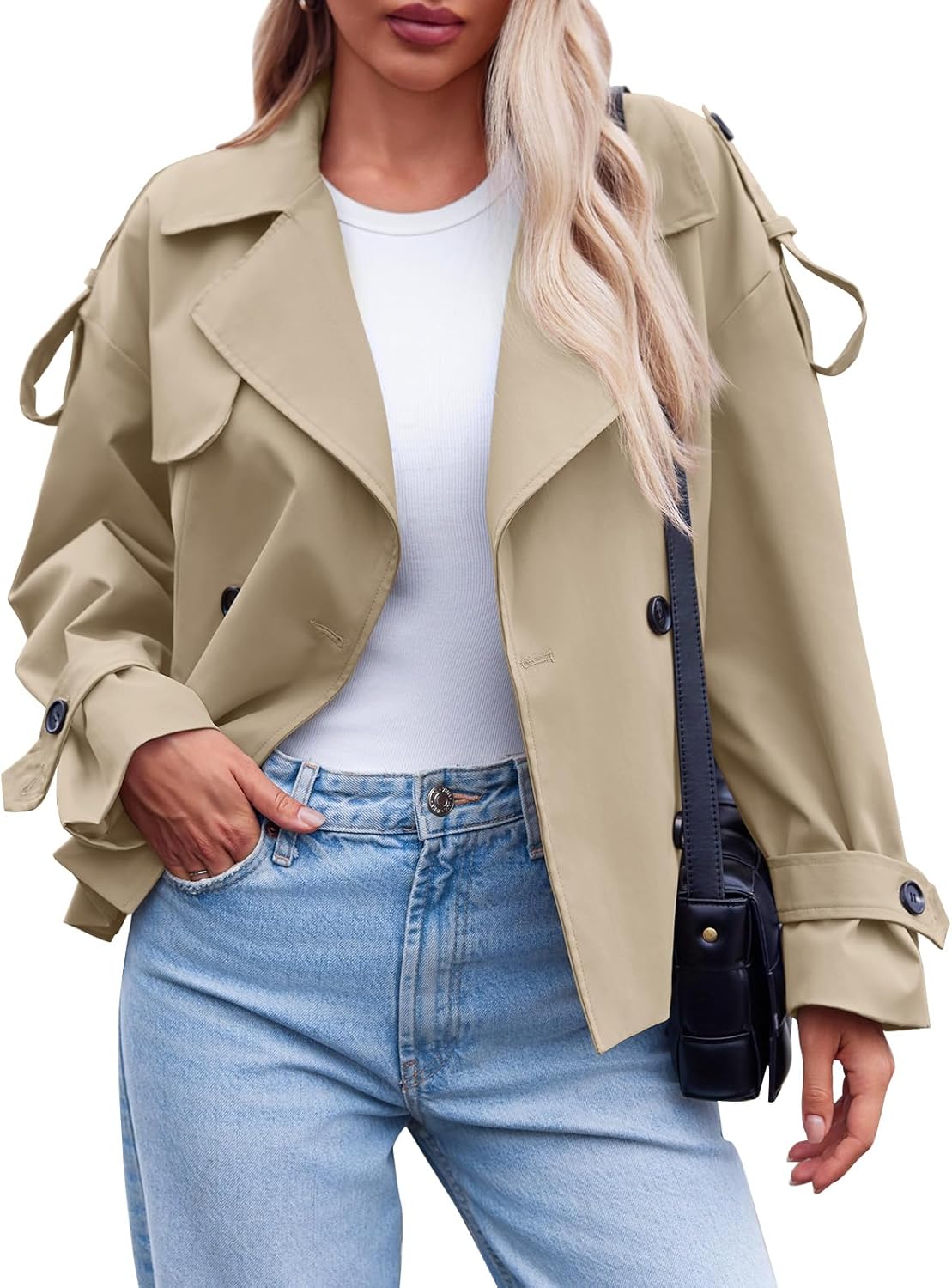 Tankaneo Womens Cropped Trench Coat Casual Double Breasted Short Jacket Fall Fashion Outerwear with Belt - Image 5