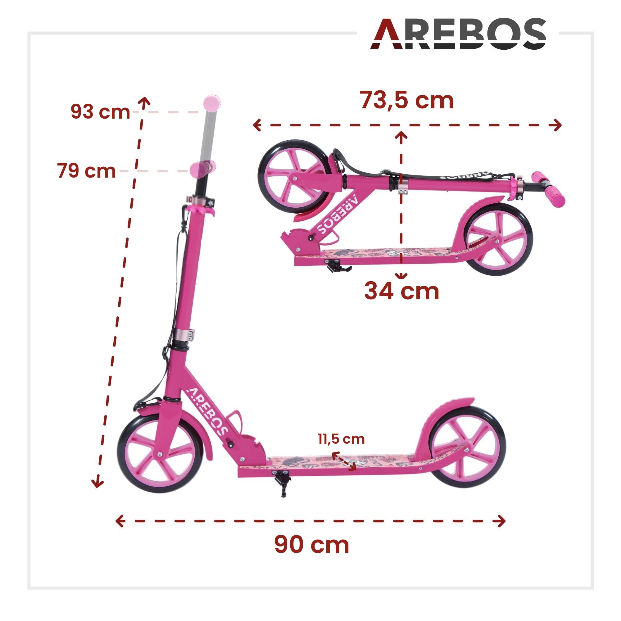Arebos Trottinette de Ville | Hauteur réglable | Pliable avec Sangle | Roues XXL | Frein à pédale | pour Enfants et Adultes | Charge Max. 100 kg