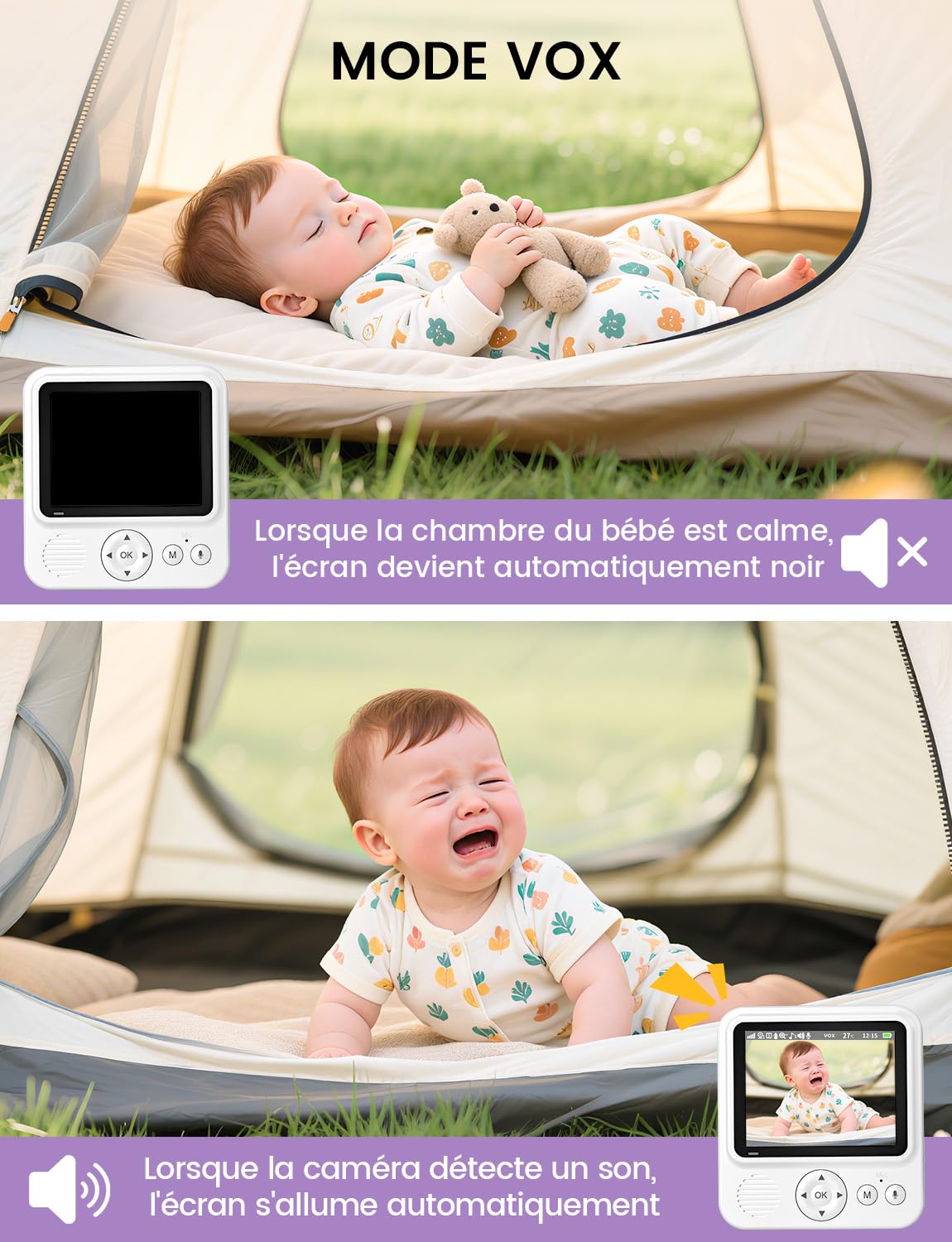 OBVHNUA Babyphone Caméra Bébé avec Écran IPS 2,8 Pouces Babyphone Vidéo sans WiFi ni App Batterie 2000mAh VOX Vision Nocturne Audio Bidirectionnel Surveillance de la Température Zoom 2X/4X