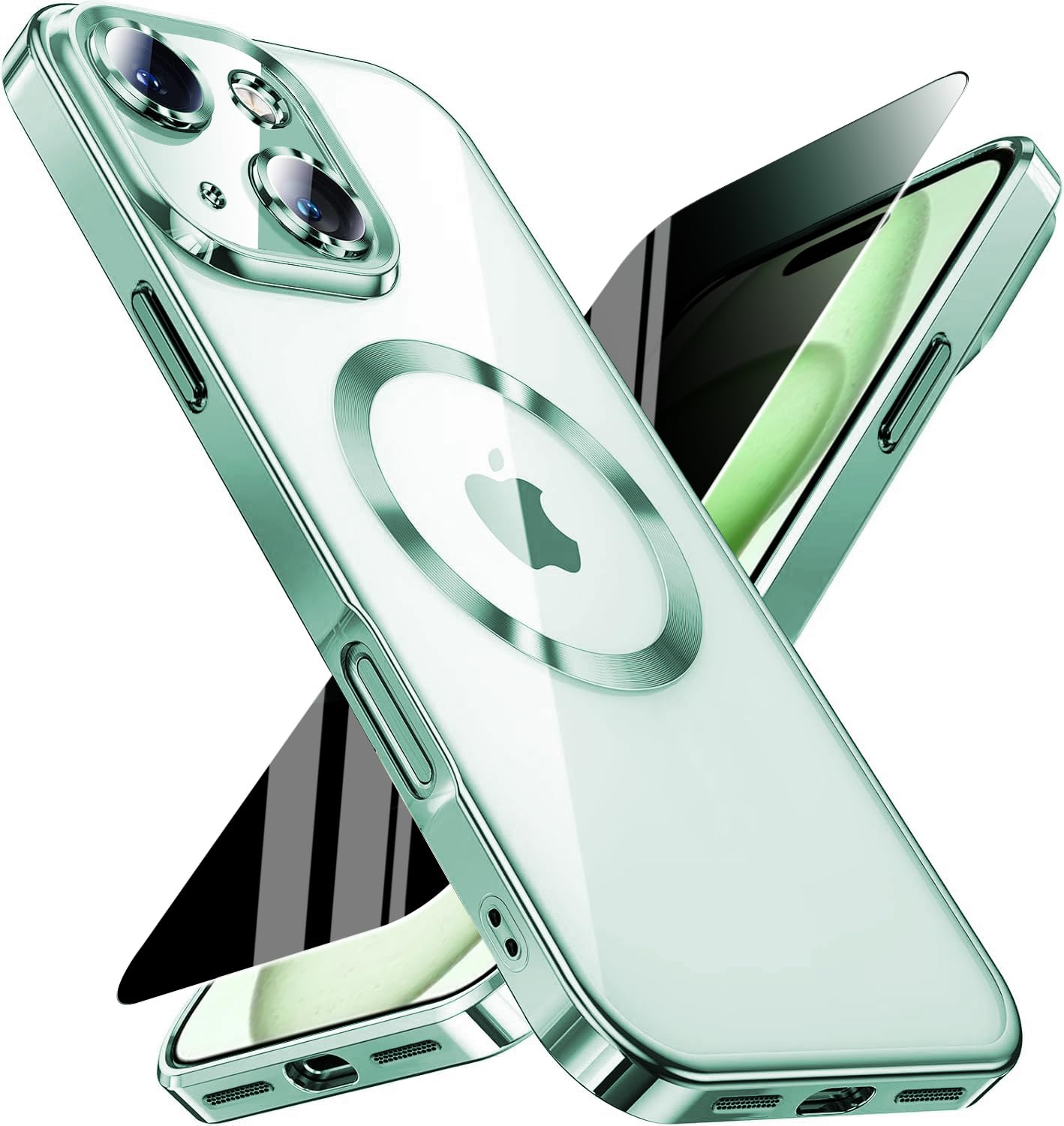 Magnetic for iPhone 15 Plus Case with Privacy Screen Protector &amp; Full Camera Cover,Compatible with MagSafe,[Non-Yellowing]Plating Soft Shockproof Clear Phone Case Women Girls for iPhone 15Plus,Green