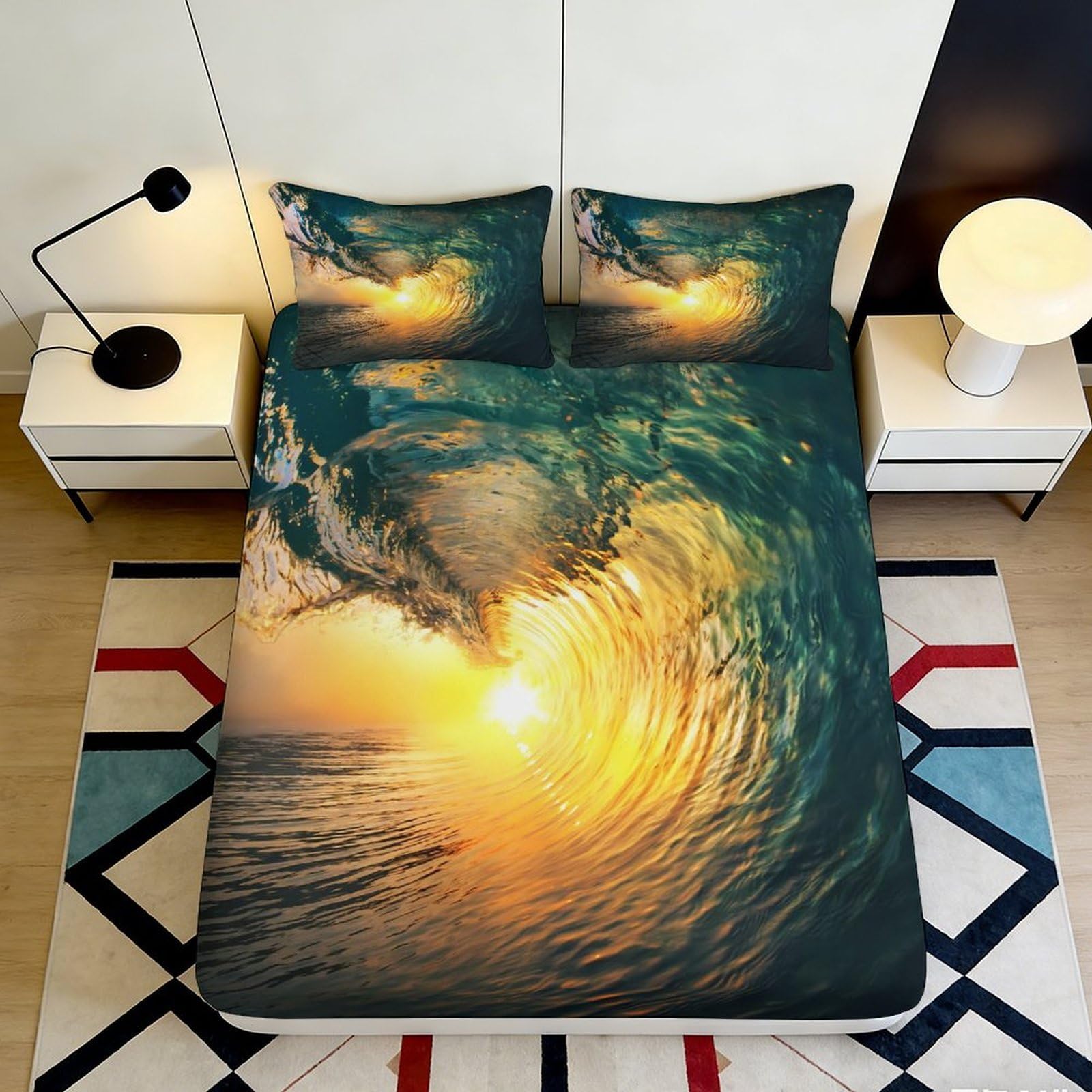 3D Printed Sunset Ocean Wave Fitted Sheet Microfiber Soft Breathable Seascape Bed Cover for Bedroom Dorm Decor 90x200x25cm