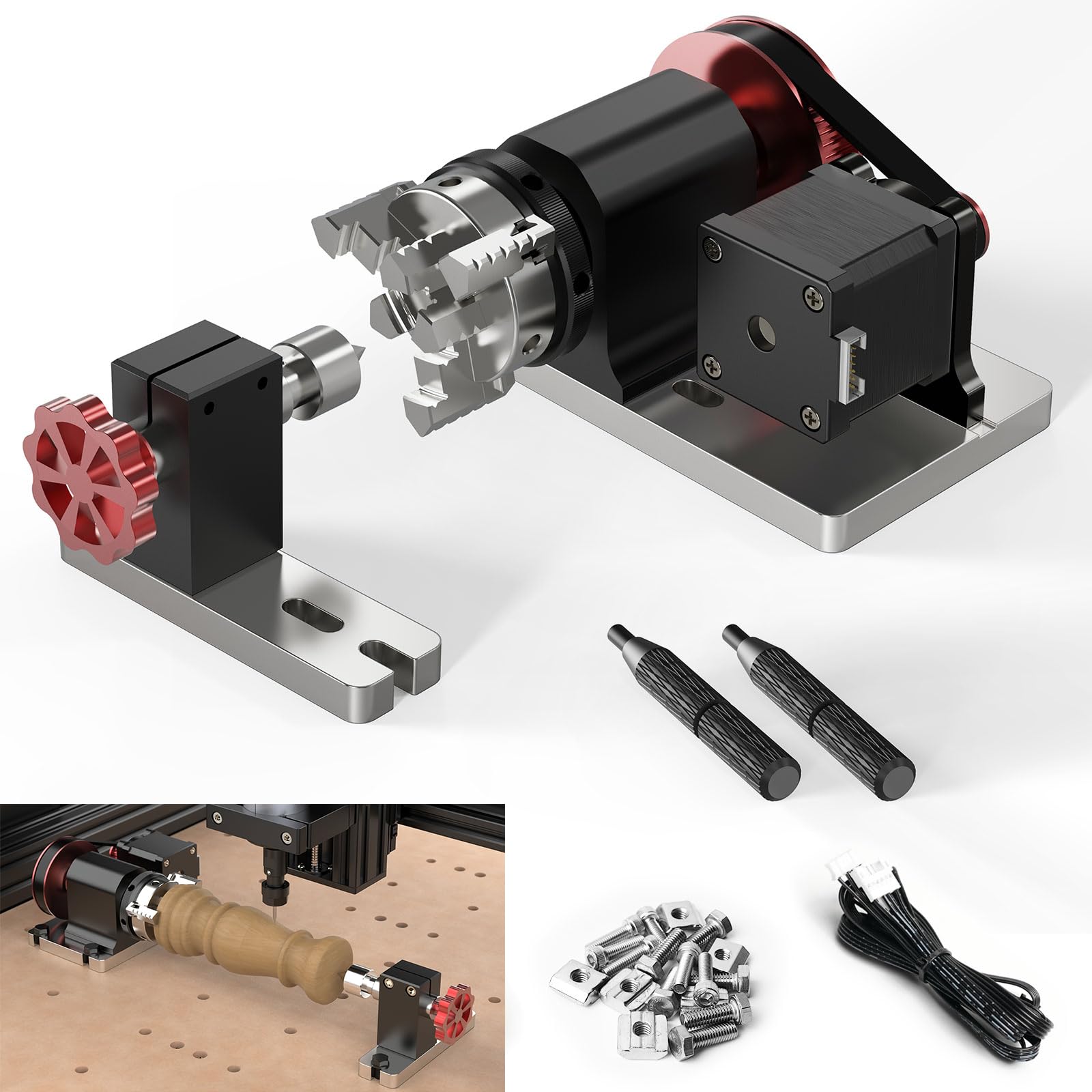 Twotrees TTC 450 CNC eje giratorio, 4-60 mm Chuck, cuarto eje 360° Rotary Kit adecuado para TTC450 y la mayoría de fresadoras CNC, para el tallado de latas cilíndricas objetos