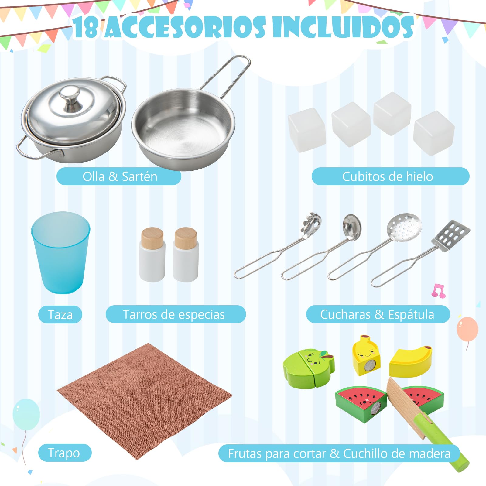 COSTWAY Cocina de Juguete para Niños, Cocinita Infantil de Madera con Microondas, Campana Extractora, Estufas, Fregadero de Juguete, Horno, Fabricador de Hielo y 18 Accesorios (Blanco)