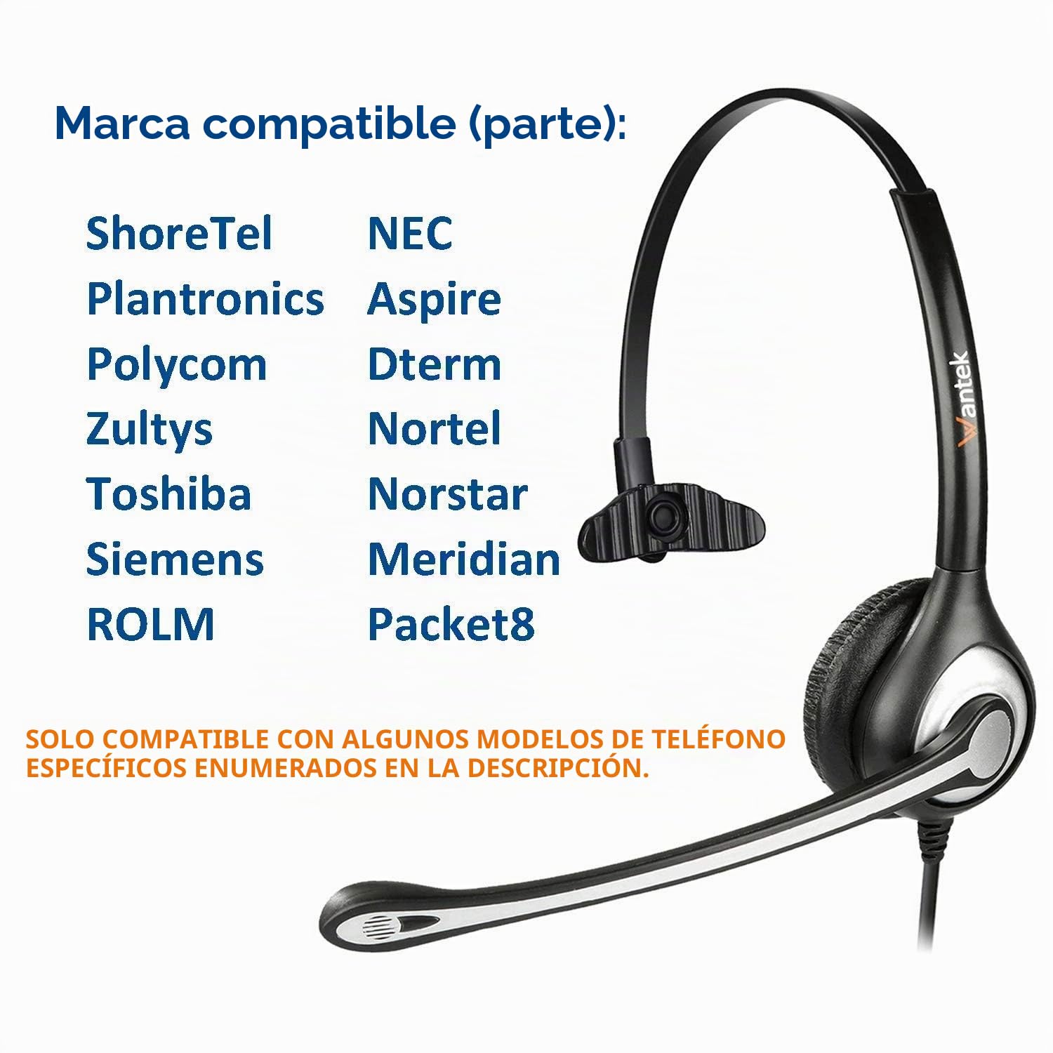Auriculares Teléfono Fijo RJ9 Mono, Micrófono con Cancelación de Ruido, Quick Disconnect, WANTEK Cascos con Control de Volumen para ShoreTel Plantronics Polycom NEC Nortel Norstar Meridian(600QS2)