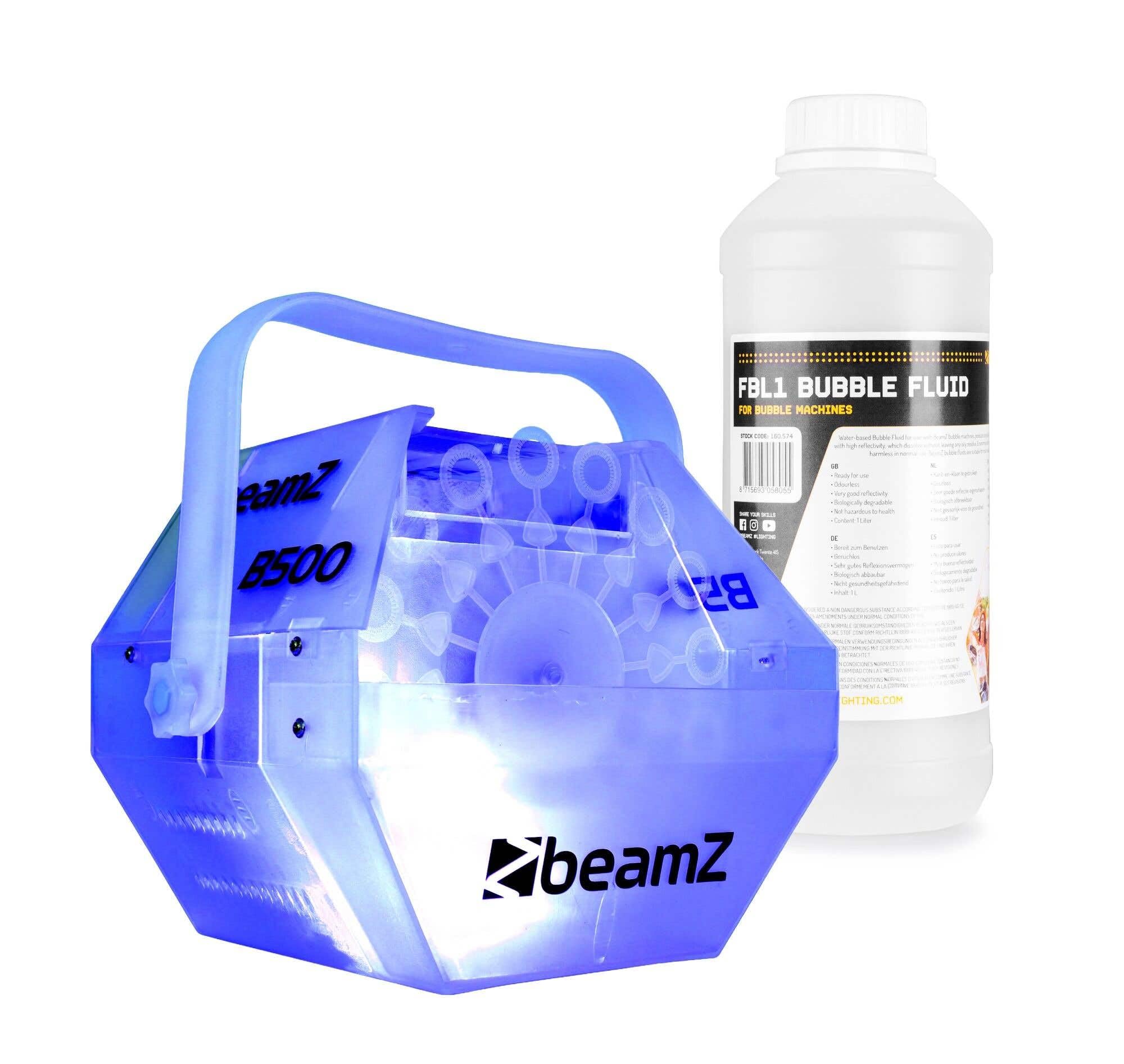 BeamZ B500LED - Máquina de Burbujas con Leds Multicolor, 1L de líquido Incluido, diseño Transparente, Potente Ventilador, Uso automático, Fiestas, Eventos y ferias Infantiles