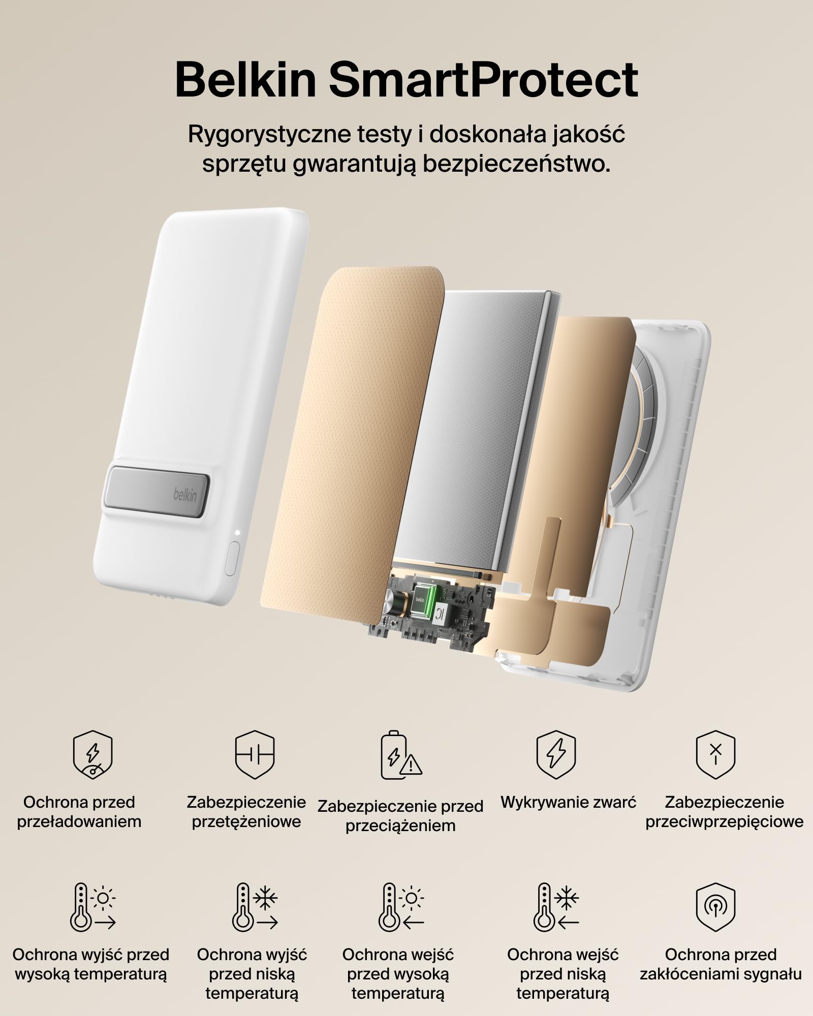 Belkin BoostCharge Cienki Magnetyczny Powerbank 5000 mAh, Podpórka – Biały | Powerbank Bezprzewodowy 5000 mAh Qi2, Pierścień Magnetyczny, Port USB-C, Naładowany, Kabel w Zestawie, do Podróży Samolotem