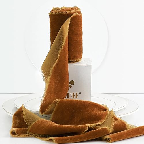 MEEDEE Cinta de terciopelo naranja de 3 pulgadas, cinta de terciopelo naranja con flecos, cinta de terciopelo de seda con borde crudo para coronas,