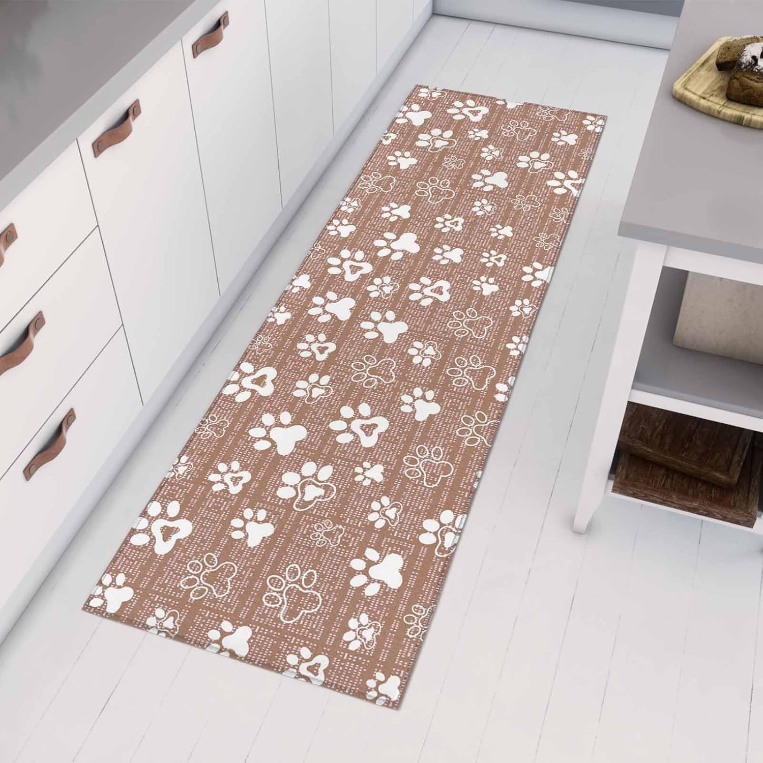 Teamery Kitchen Mats for Floor Brown Dog Paw Abstract Washable Non Slip Kitchen Rugs 1PCS, Modern Minimalist Style Absorbent Standing Mats for Sink Bathroom Office Living Room 23.6x70.9in