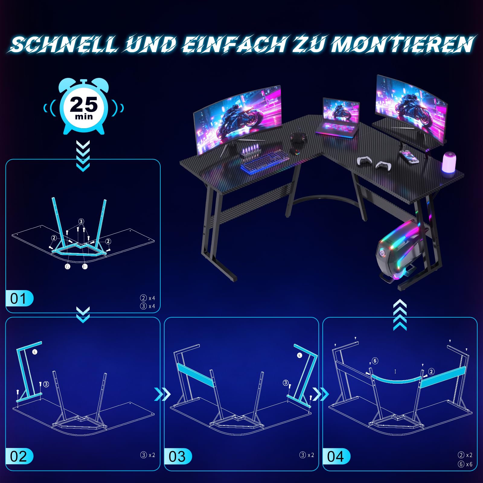 JUMMICO Gaming Tisch L Form 120x120cm, Eckschreibtisch für Gaming,Schreibtisch L Form Mit Monitorständer, Carbon Schwarz