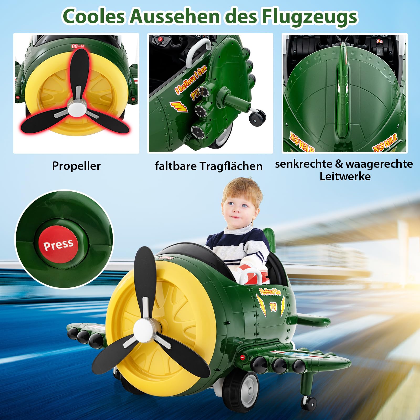 COSTWAY Kinder Elektroauto im Flugzeug-Look, Elektroflugzeug Aufsitz mit Fernsteuerung, Kinderfahrzeug mit Joysticks & Tragflächen & Propeller, Elektroauto für Kinder ab 3 Jahren (Grün + Gelb)