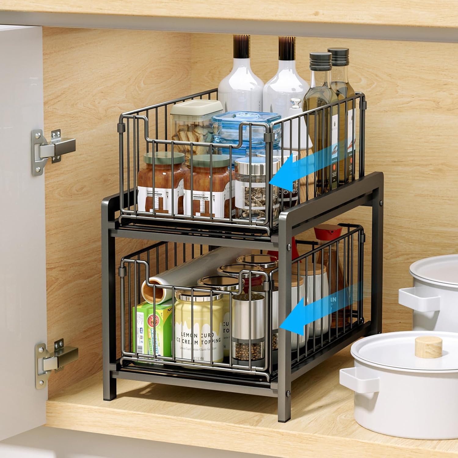 2-Tie Under Sink Cabinets Organizer with Sliding Storage Drawer, Pull Out Cabinets Organizer Shelf, Sliding Kitchen Countertop Storage Basket (black)