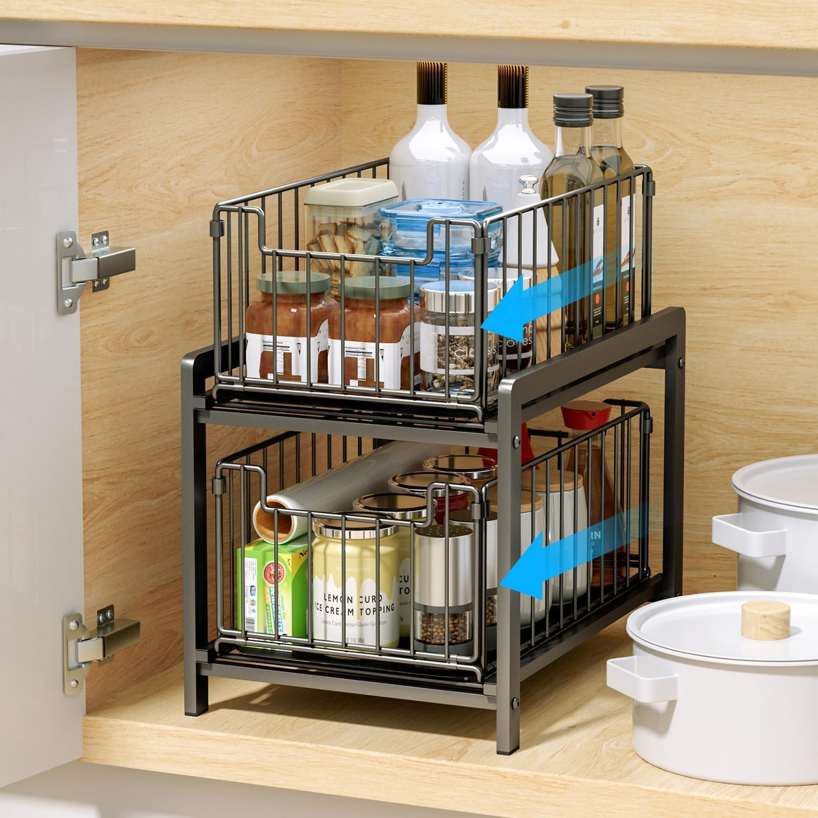 2-Tie Under Sink Cabinets Organizer with Sliding Storage Drawer, Pull Out Cabinets Organizer Shelf, Sliding Kitchen Countertop Storage Basket (black)