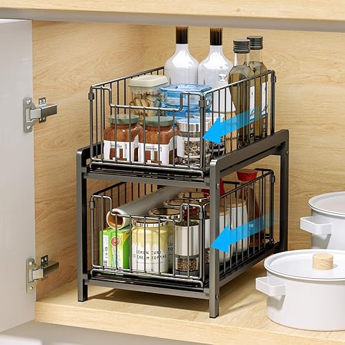 Organizador de 2 lazos para debajo del fregadero con cajón de almacenamiento deslizante, estante organizador de armarios extraíbles, cesta de
