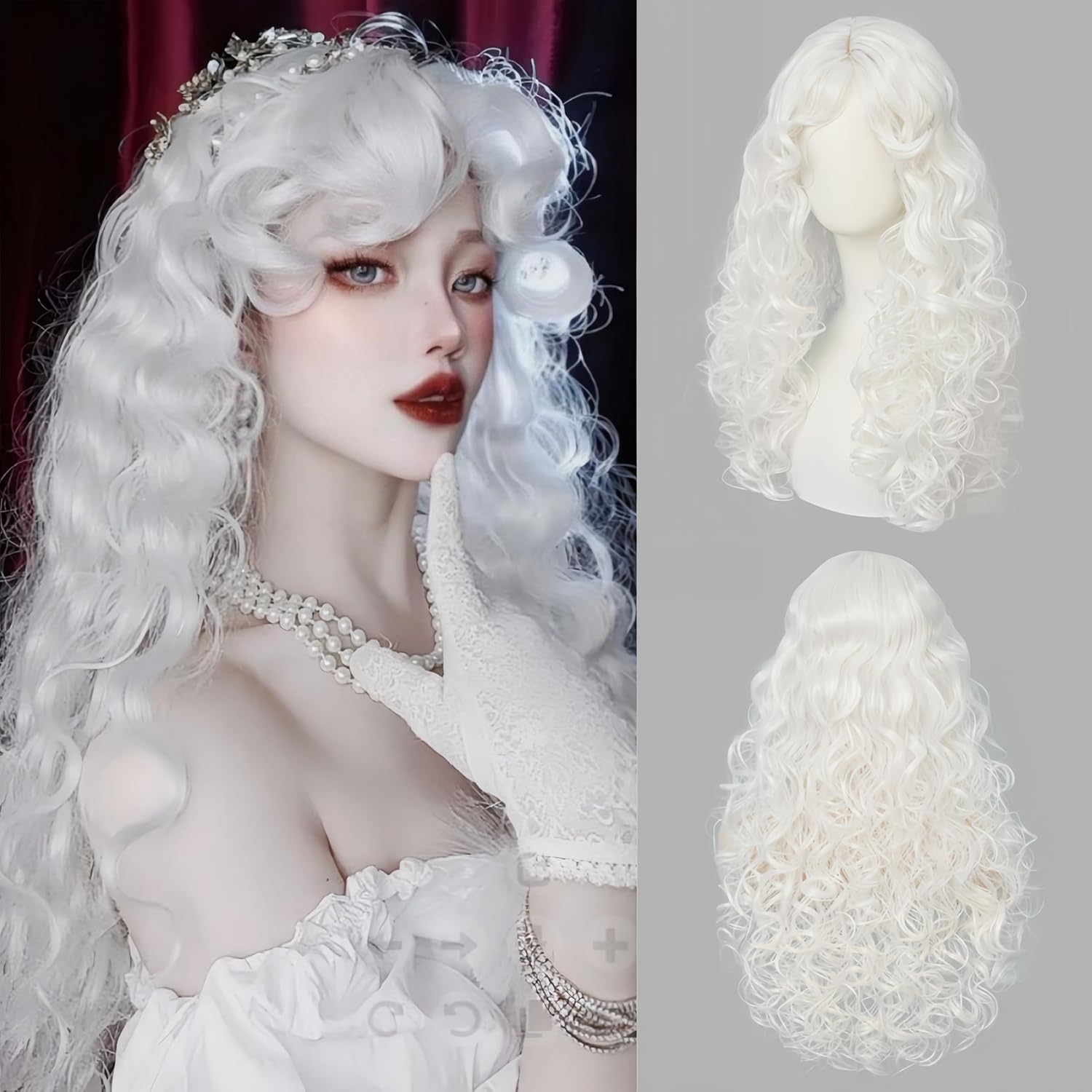 Perruque blanche longue bouclée en fibre synthétique résistante - 8