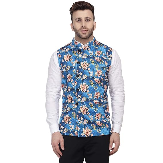 Multi Print Pure Cotton knitted Blue Nehru Jacket