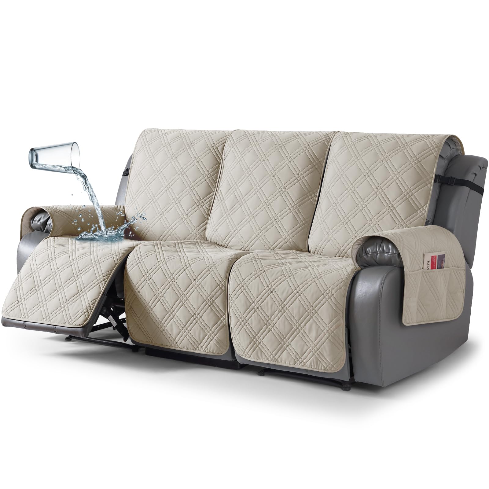 TAOCOCO 100% Waterproof Recliner Sofa Covers 3 Seater Split Couch Covers for 3 Cushion Reclining Couch with Straps, Non Slip Reclining Couch Covers