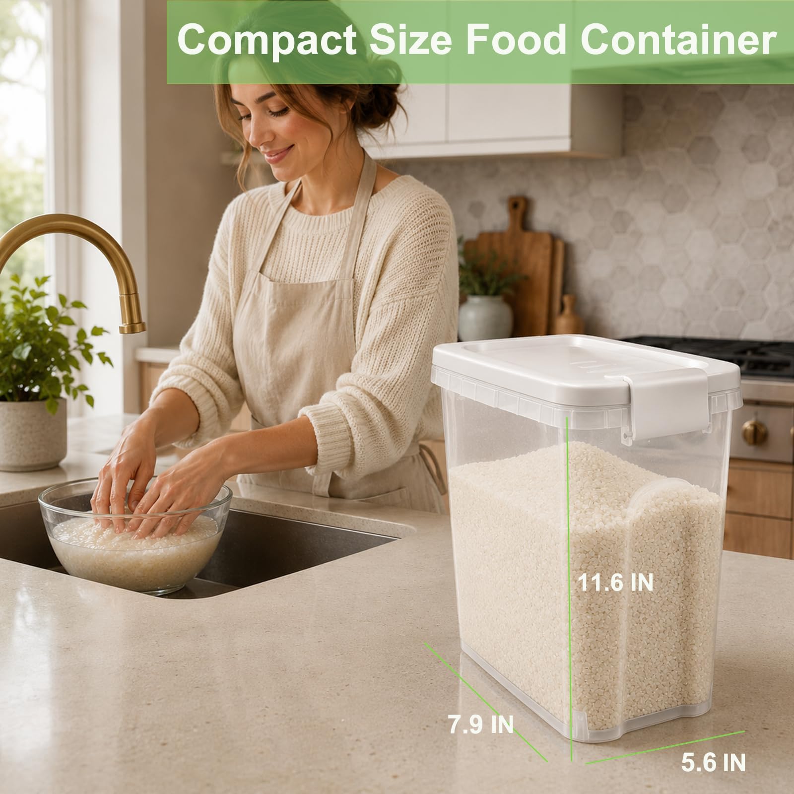 Contenedor de arroz hermético de 15 libras, contenedor hermético para harina con cuchara, contenedor de plástico de grado alimenticio para cereales, azúcar, dispensador de alimentos secos para cocina,