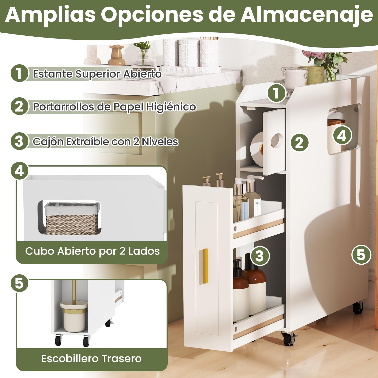 GIANTEX Mueble Estrecho de Baño con 2 Estantes Extraíbles y Compartimentos, Carro de Almacenamiento con 4 Ruedas, 50 x 16 x 69 cm, Armario Auxiliar Compacto para Baño, Salón, Dormitorio (Blanco)