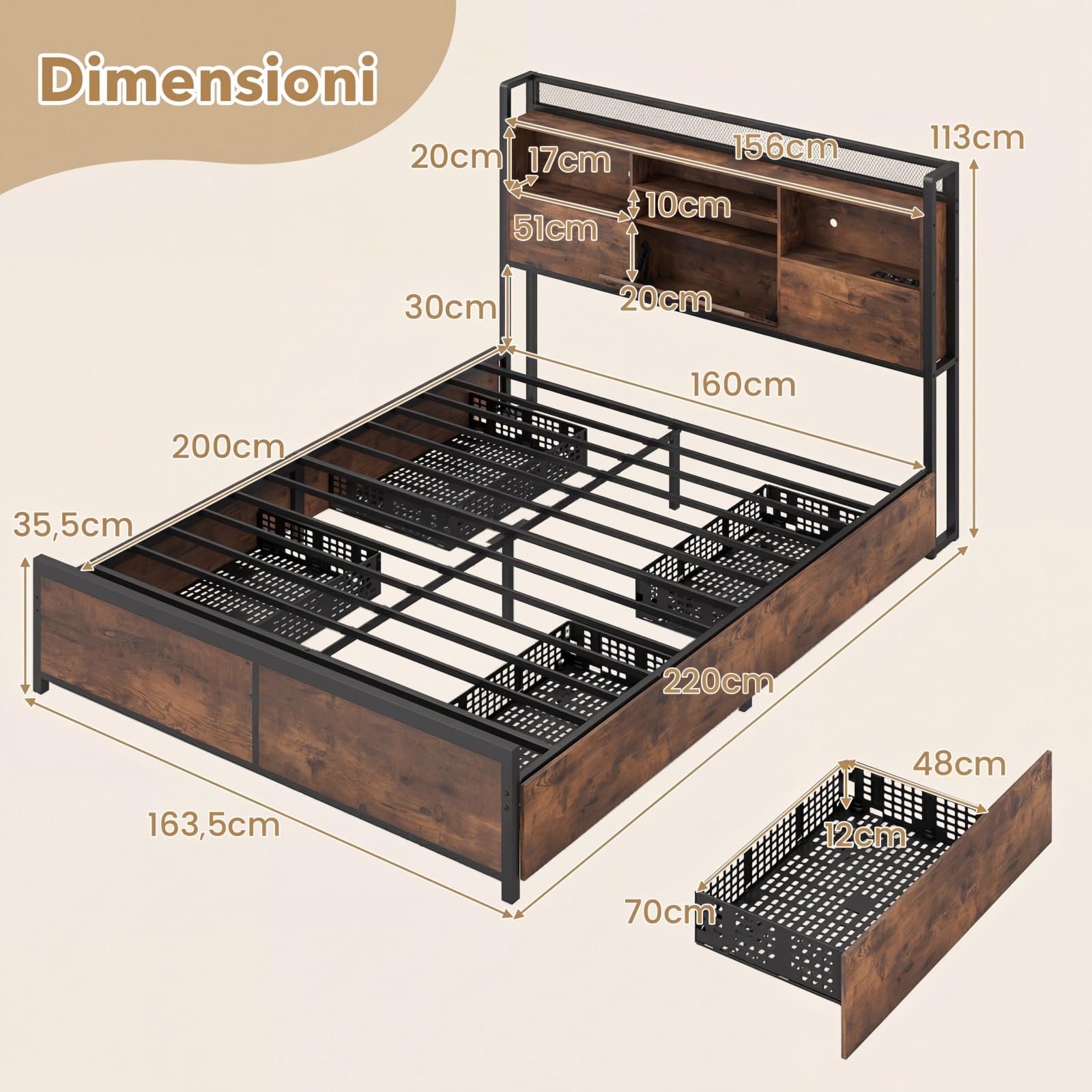 COSTWAY Struttura Letto con Testiera, Letto con 4 Cassetti e Doghe Robuste in Metallo, Letto a Piattaforma con Prese, Silenzioso, Carico Massimo 300kg (160 x 200 cm)