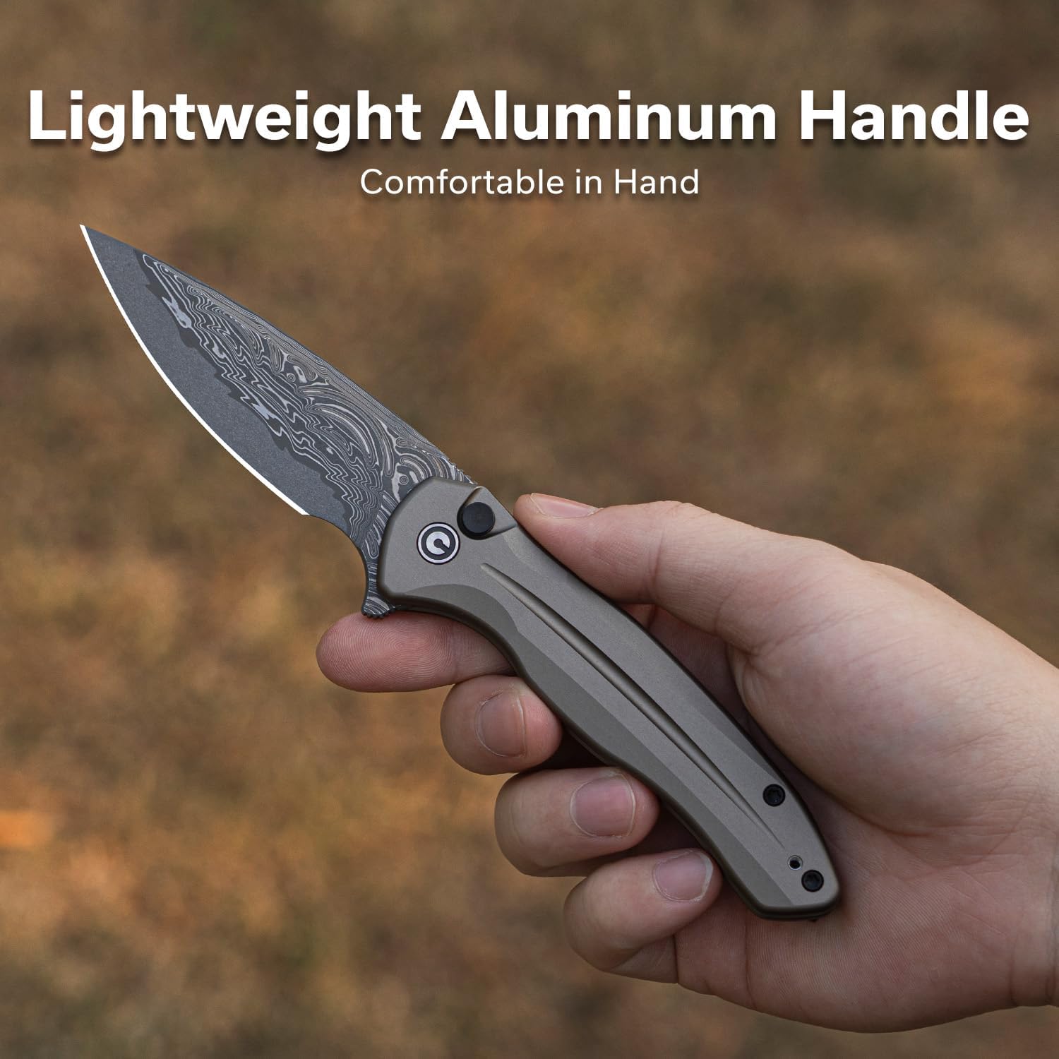 CIVIVI Kitefin EDC Pocket Knife, 3.22“ Damascus Drop Point Blade Folding Knife, Aluminum Handle with Reversible Clip for Camping Hiking Hunting C24091-DS1, Brownish Gray