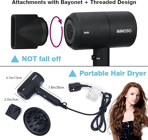 Miniatura 6 de Secador de pelo con difusor, secador iónico silencioso de 1800 W, profesional sin daños en el cabello, temperatura constante, ligero, portátil, para