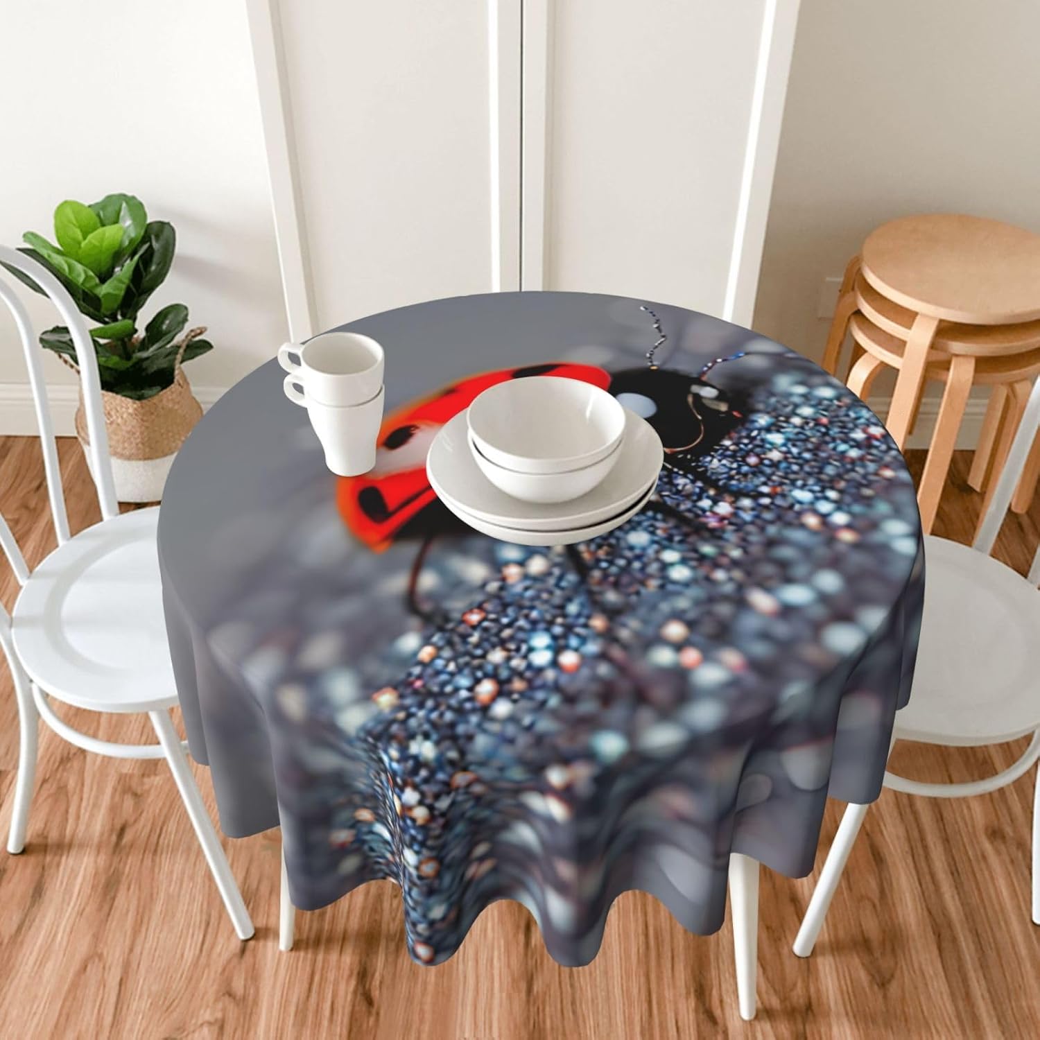 Ladybugs Pattern Infinite Speckled Print Wrinkle Free Dining Table Cover for Birthday Party Farmhouse Tablecloths Up to 60 x 60 Inches