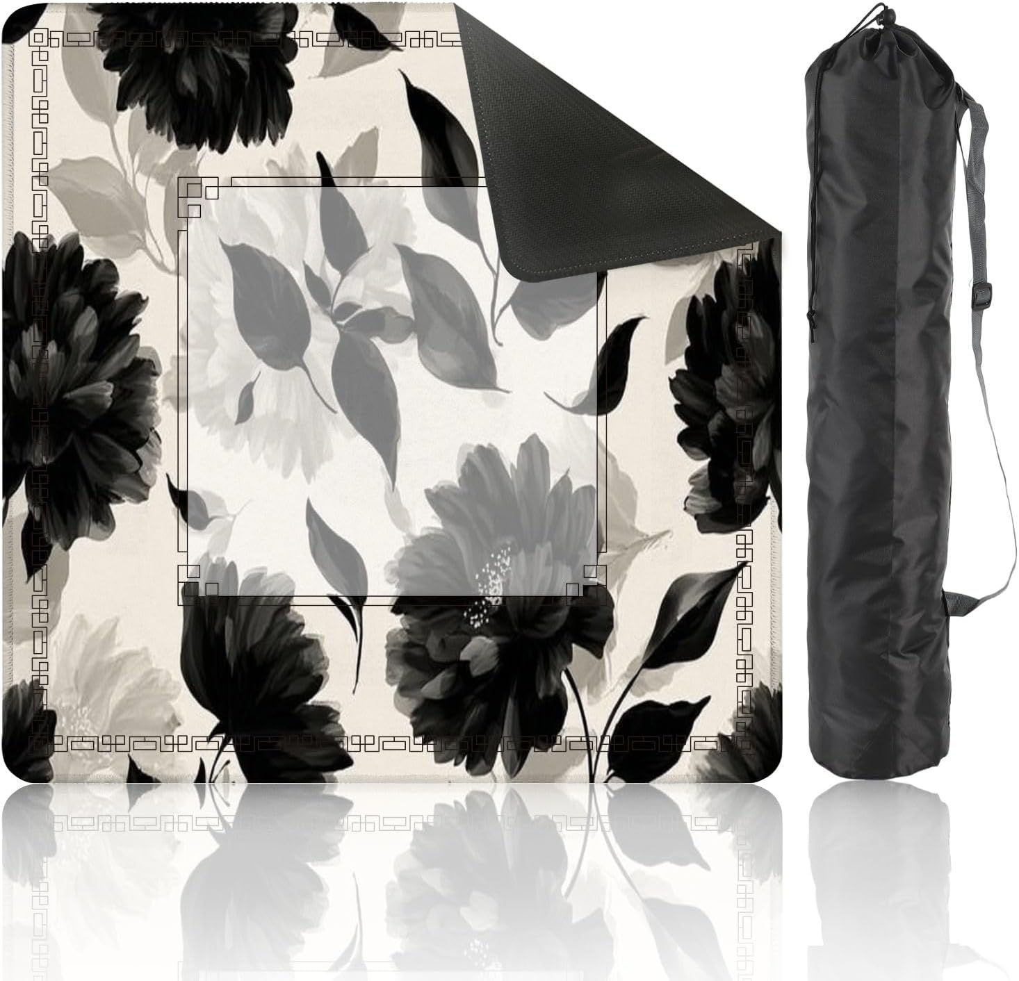 Mahjong Mat 31.5" x 31.5" Seamless Black White Flowers Hand Draw Abstract Floral Non-Slip Noise Reduction Mahjong Tiles Table Cover for Dominoes Poker Card Board and Tile Games Gift