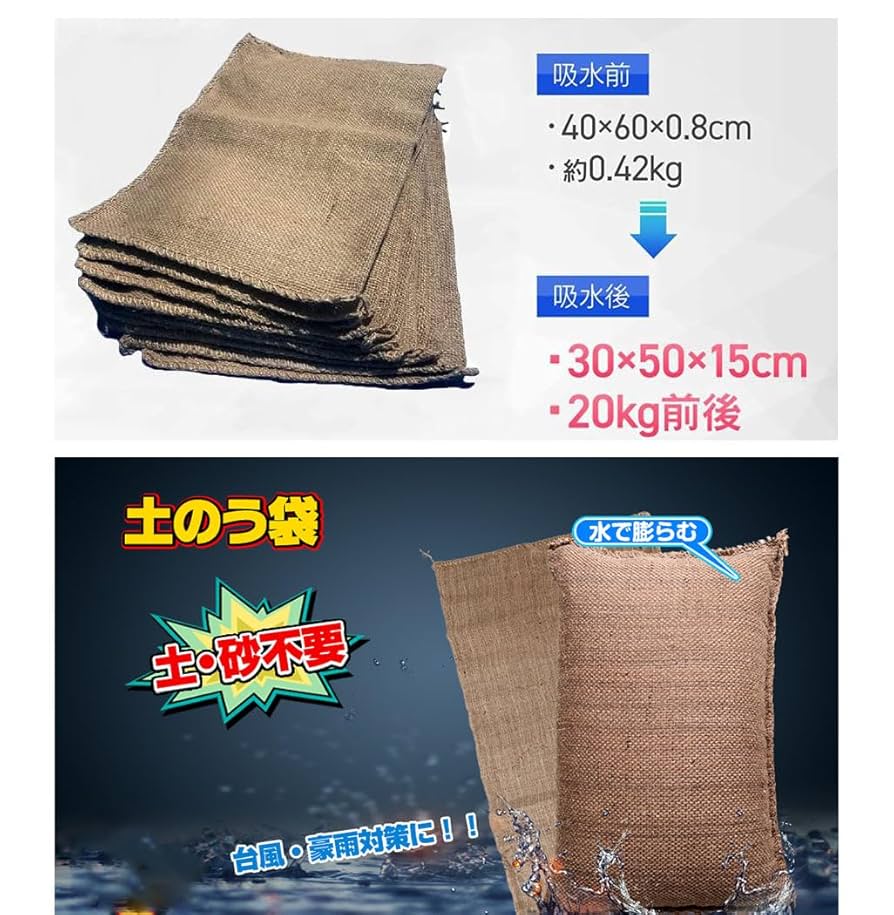 20pcs 吸水性土のう 袋 土のう 耐候性止水 浸水の備えに 防災用品 再利用 Amazon｜20pcs 吸水性土のう 袋 土のう 耐候性 止水 防水40*60cm
