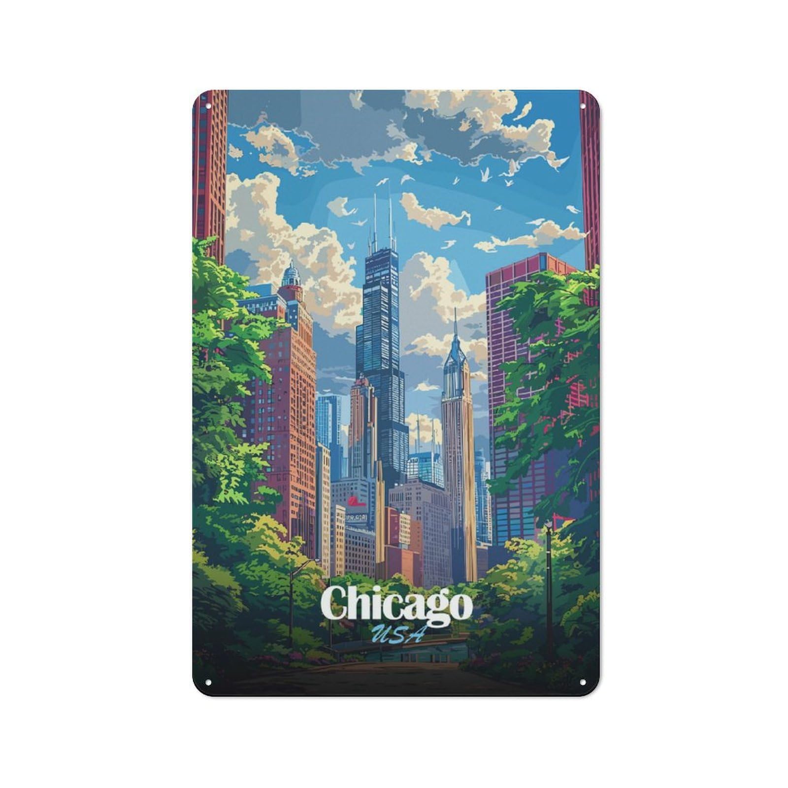 Junmoney Chicago Skyline Illustration Tin Wall Plaque 30X20cm, Rustic Farmhouse Wall Decor For Dining Room, Cafe, Entryway Or Family Room