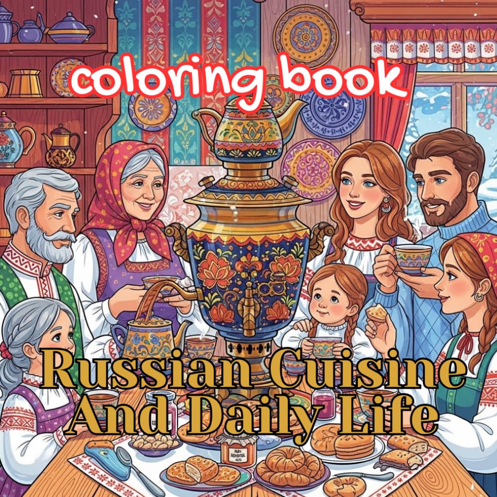 Russian Cuisine & Daily Life Coloring Book for Adults: Traditional Food, Tea Culture, Markets, Cozy Homes & Everyday Russian Scenes (Imperial Russia Coloring Collection)