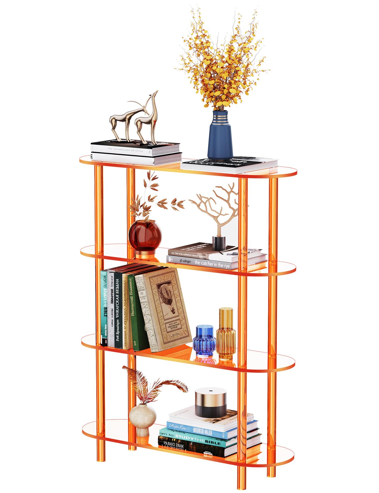 solaround Clear Bookshelf, Acrylic Bookcase with Open Book Shelf for Office Living Room Bedroom (4 Tier Orange)