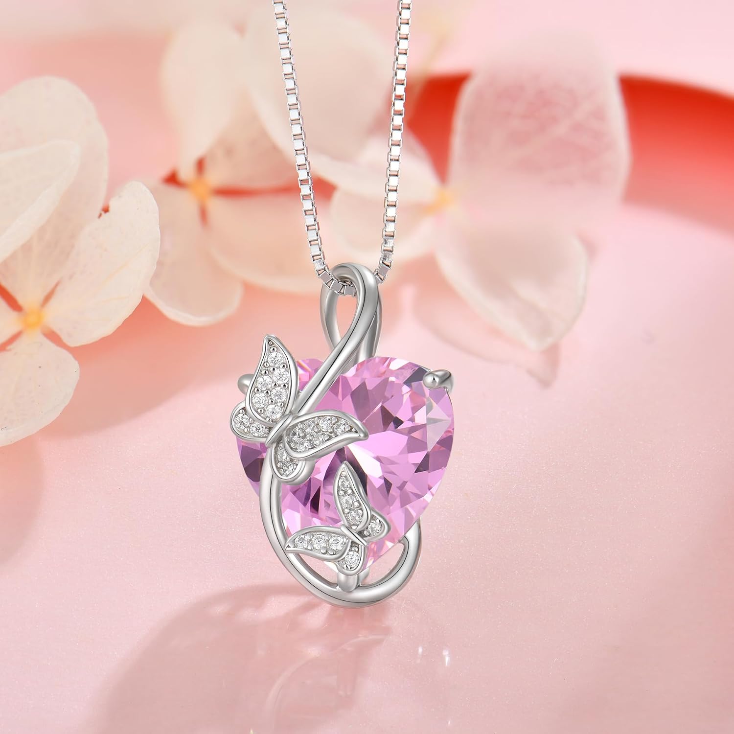 Women's Butterfly Heart Birthstone Pendant Necklaces 925 Sterling Silver 5A Cubic Zirconia Jewelry Gifts,Christmas Anniversary Birthday Gifts for Her - Image 3
