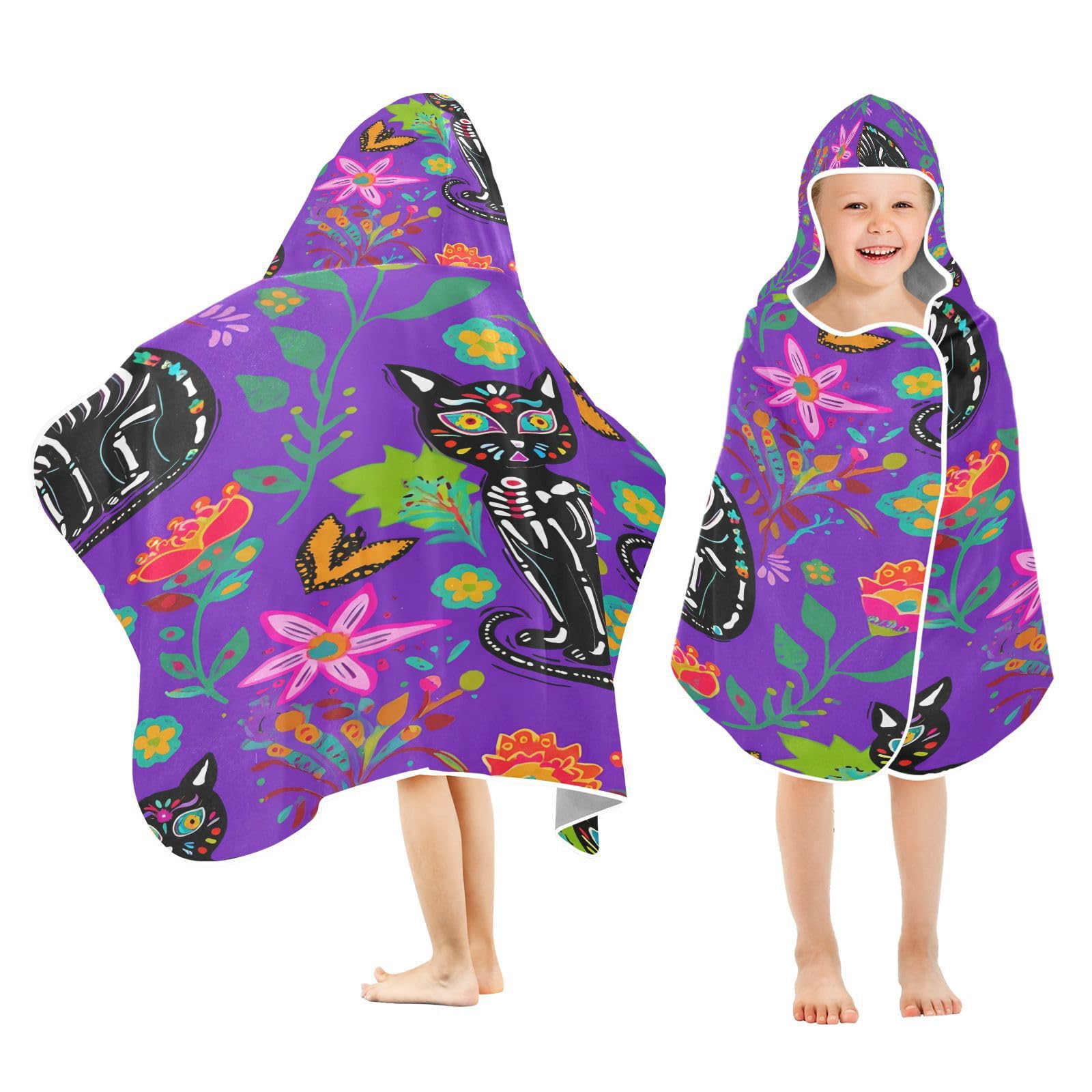 BOESI Doodle Cat and Flowers Kids Hooded Bath Towel, Pool Beach Towel, Kids Hooded Towel, Soft and Comfortable, Absorbent and Quick Drying