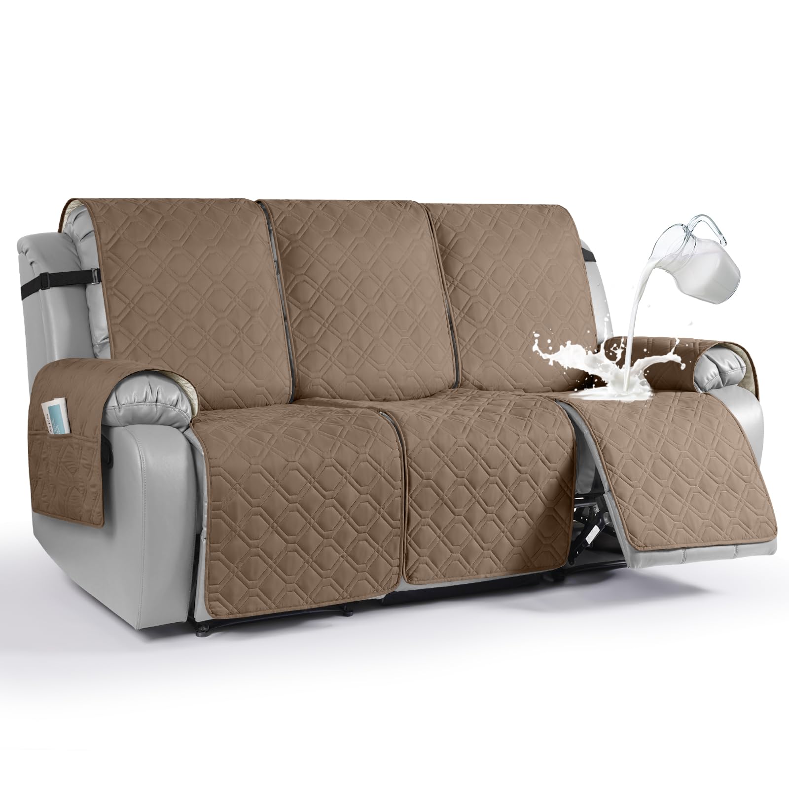 Waterproof Recliner Couch Covers, Sofa Covers 1-Piece Washable Reclining Sofa Cover Non-Slip Furniture Protector with Elastic Straps Pocket for Dogs, Pets(Light Brown,3 Seater)