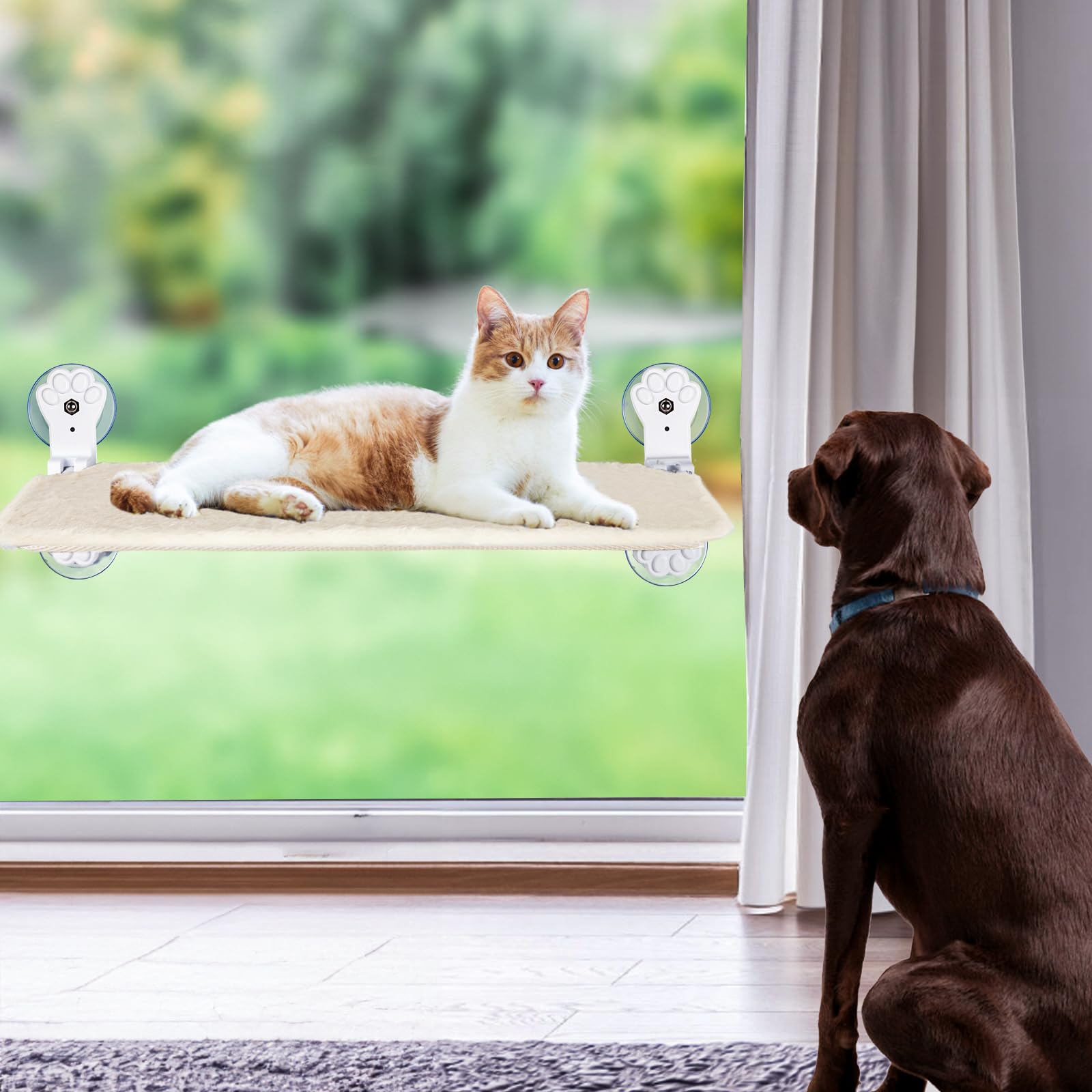 Percha plegable para ventana de gato, hamaca inalámbrica para ventana con 4 ventosas, cama con ventana para gatos en el interior con cubierta reversible y marco de metal sólido (beige, mediano)