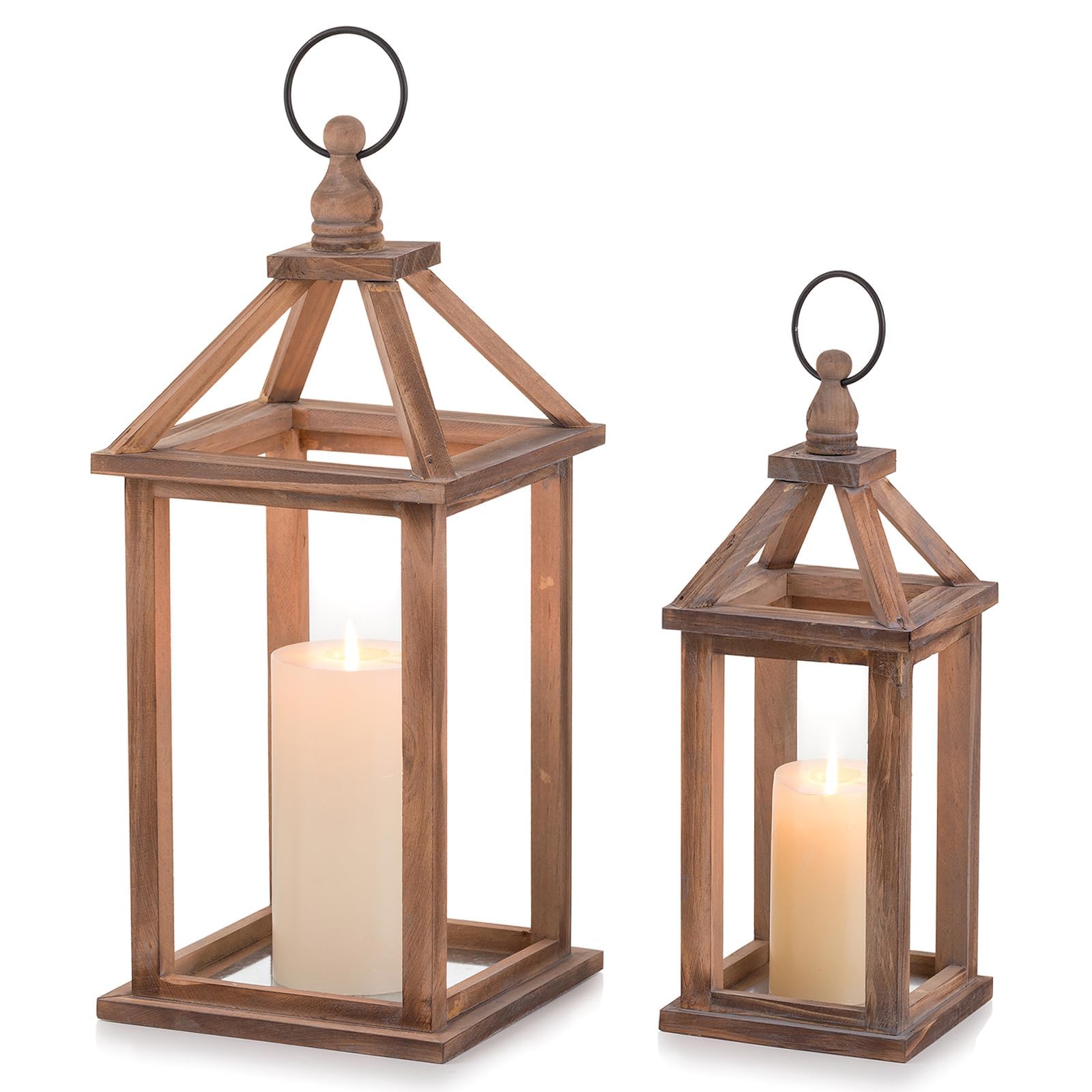 Romadedi Holzlaternen Dunkelbraun, 2er Set 30/40 cm mit Dach | Kerzenlaternen im Pavillon-Design für Kerzen, für Balkon, Garten, Hochzeit, Tischdeko und Innenräume